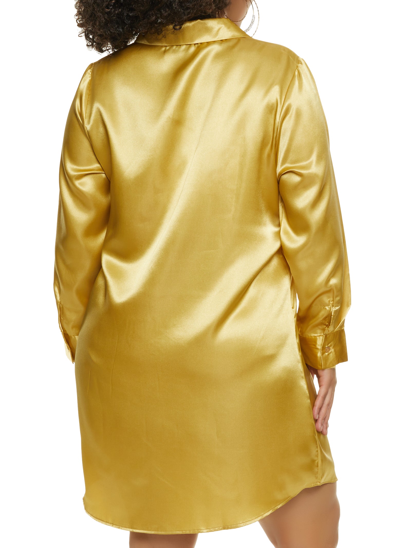 Plus Size Satin Button Front Shirt Dress - Gold