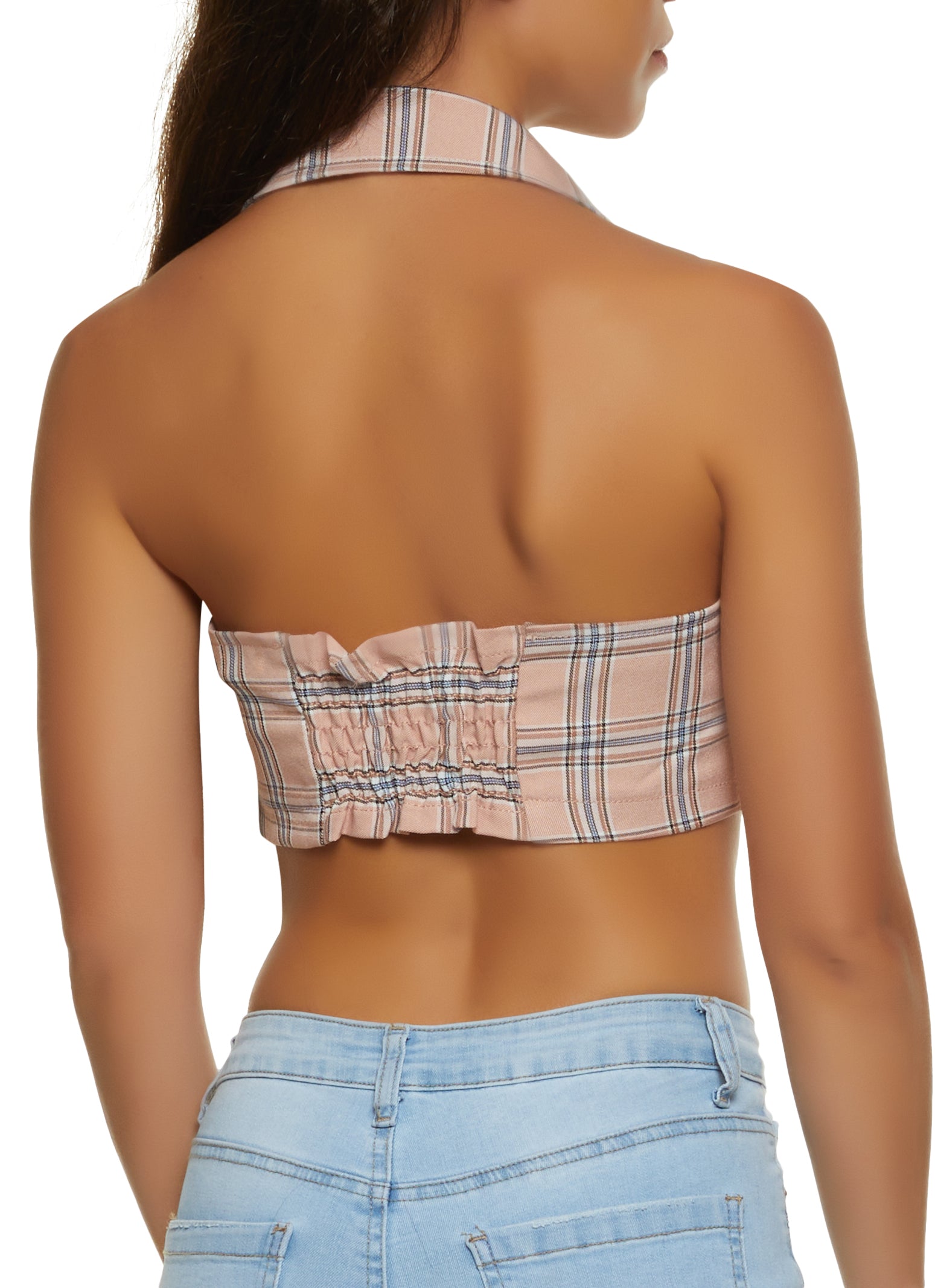 Plaid Open Back Button Front Halter Crop Top