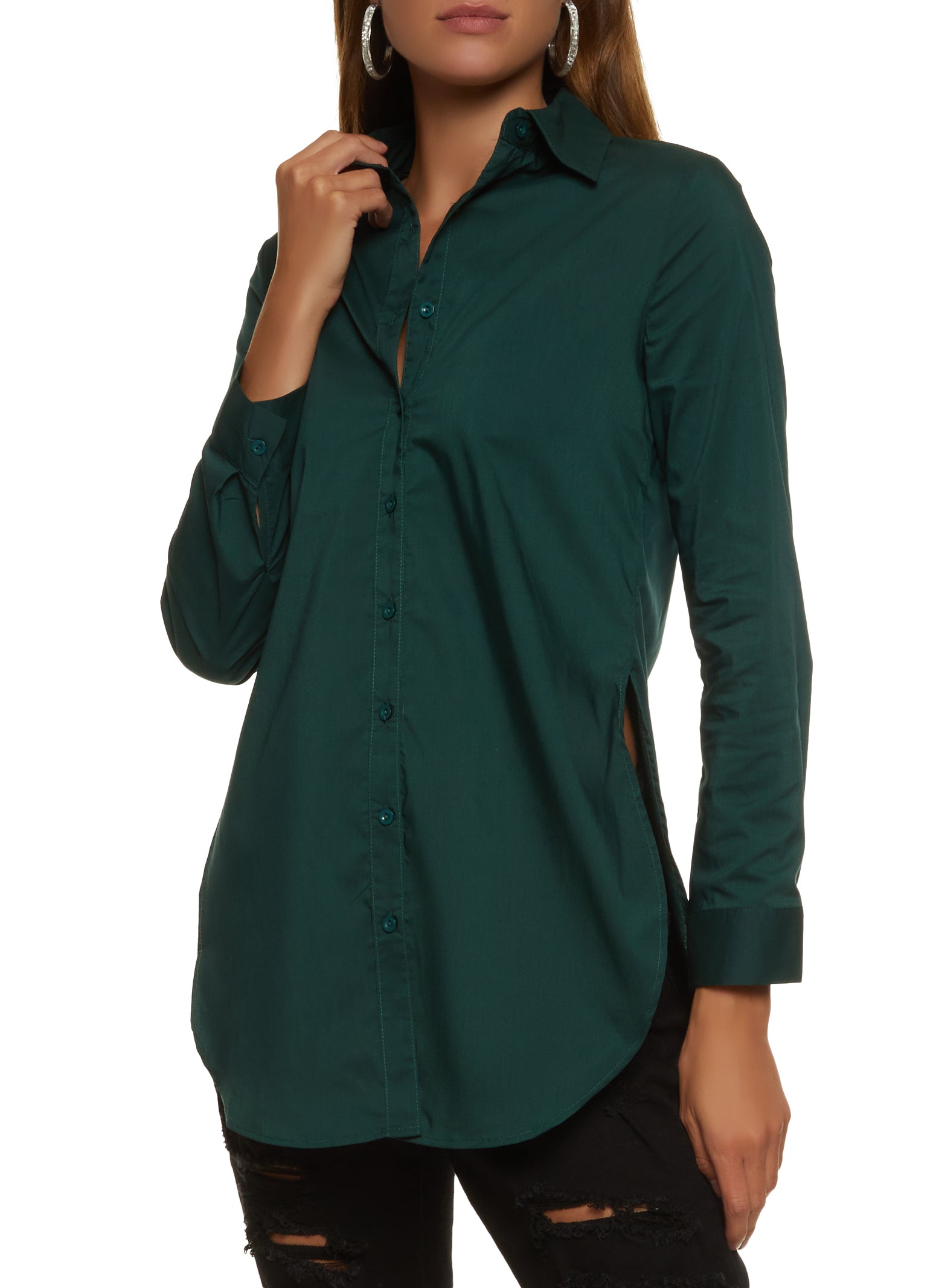 Poplin Button Front Tunic Shirt