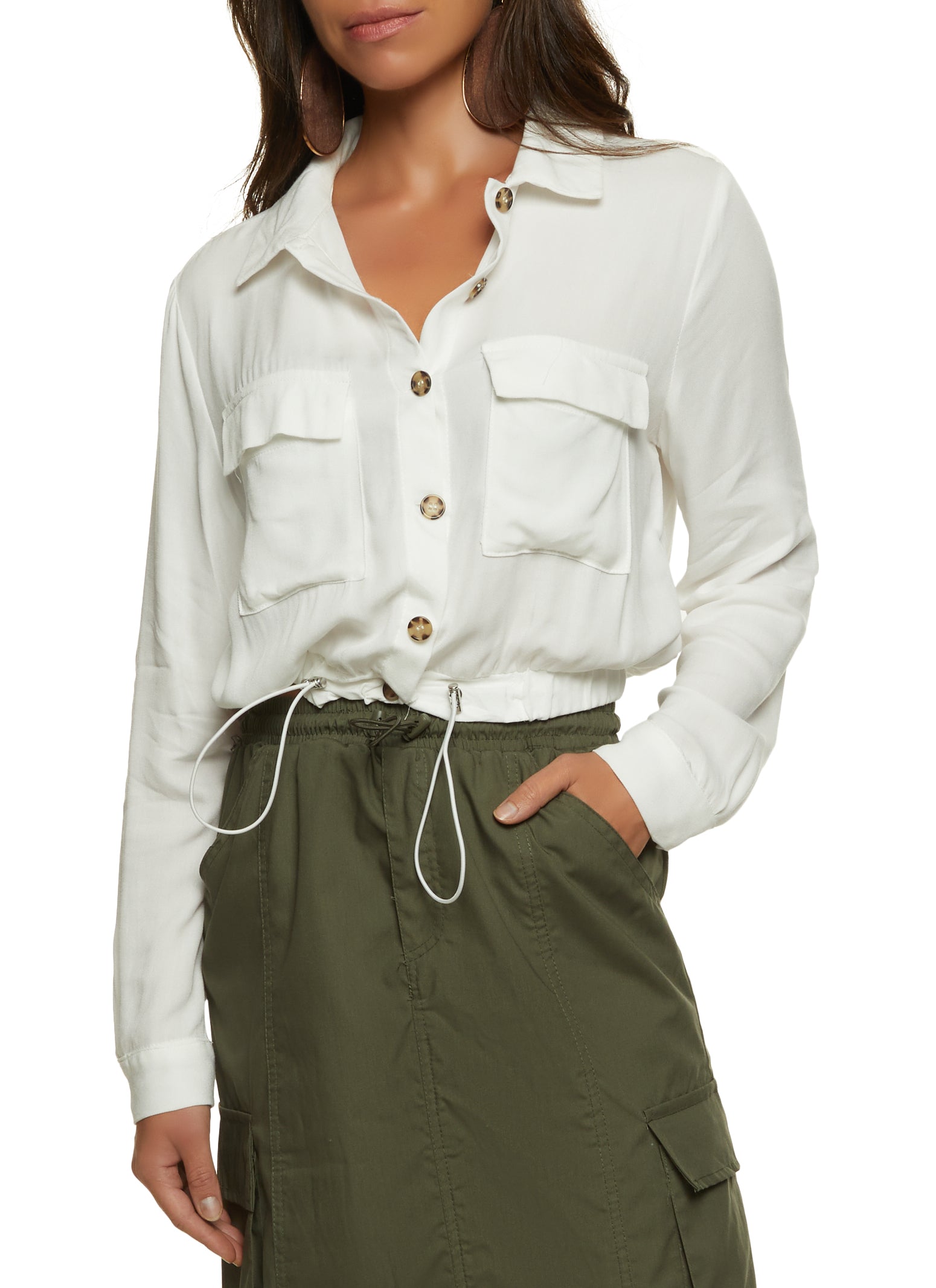 Blouse top with a drawstring in the hem in White