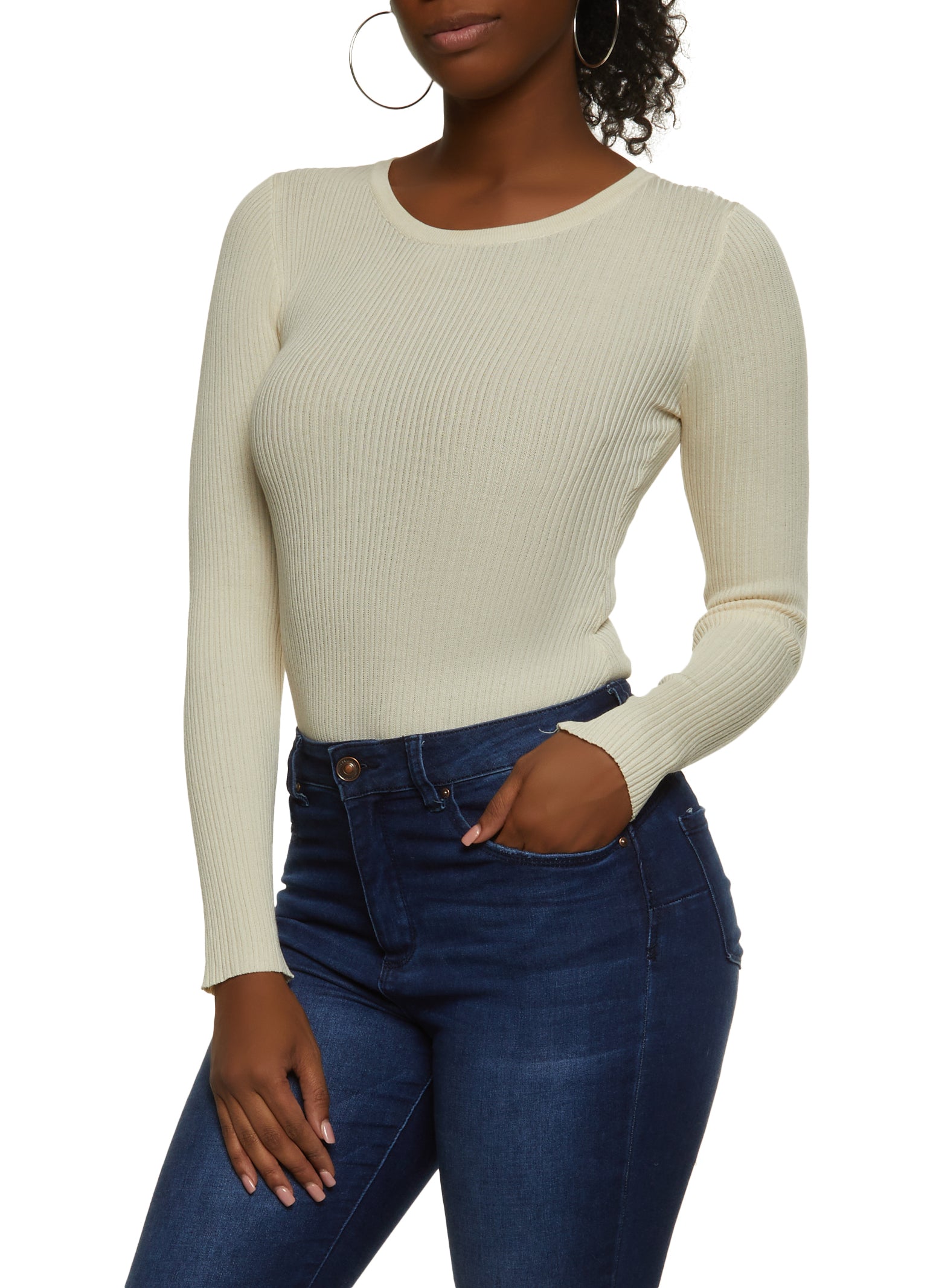 Ribbed Crew Neck Long Sleeve Bodysuit - Beige