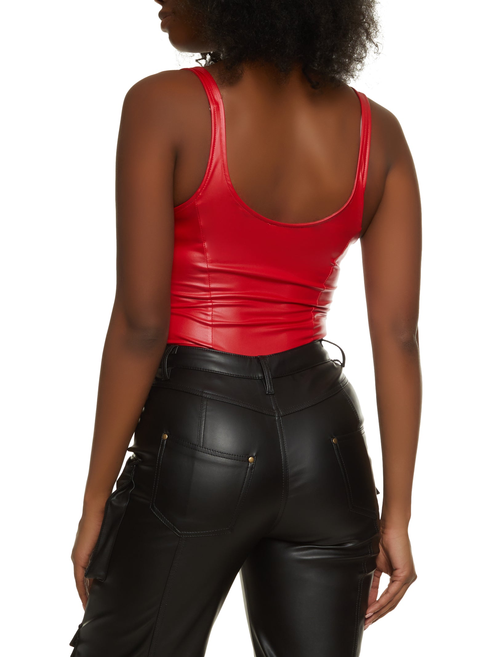 Faux Leather Notch Neck Bustier Bodysuit - Red