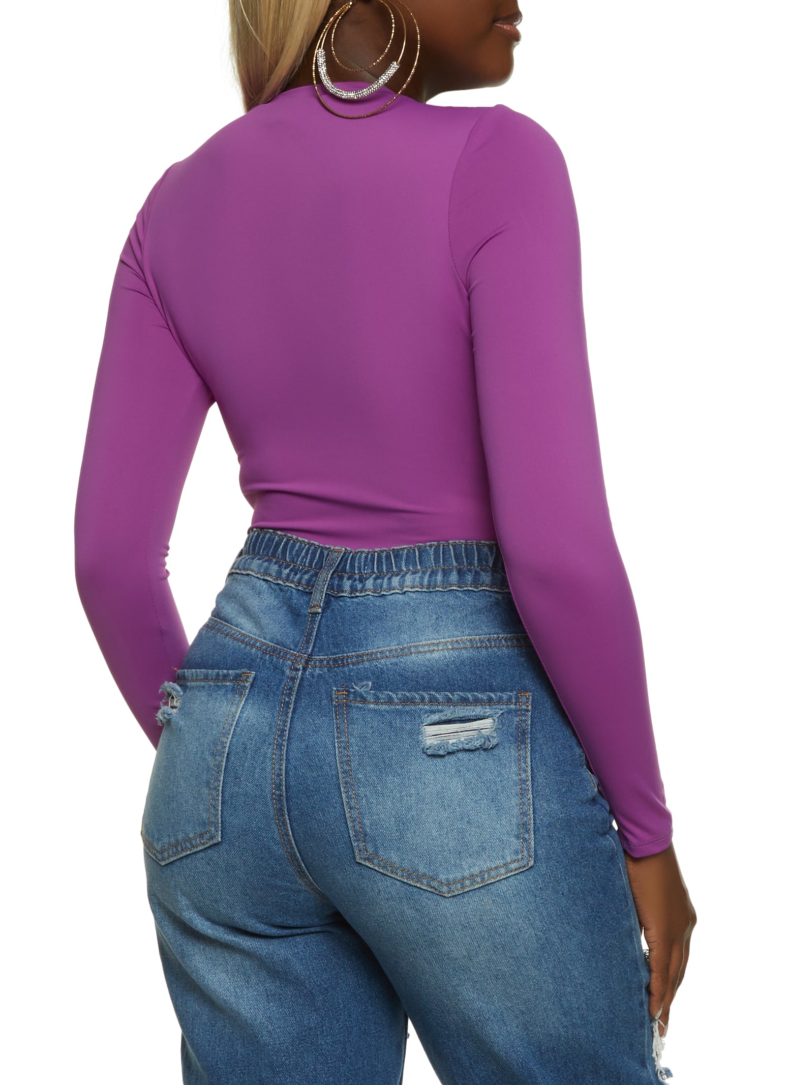 Express Bodycon Textured Square Neck Bodysuit Purple Women's M