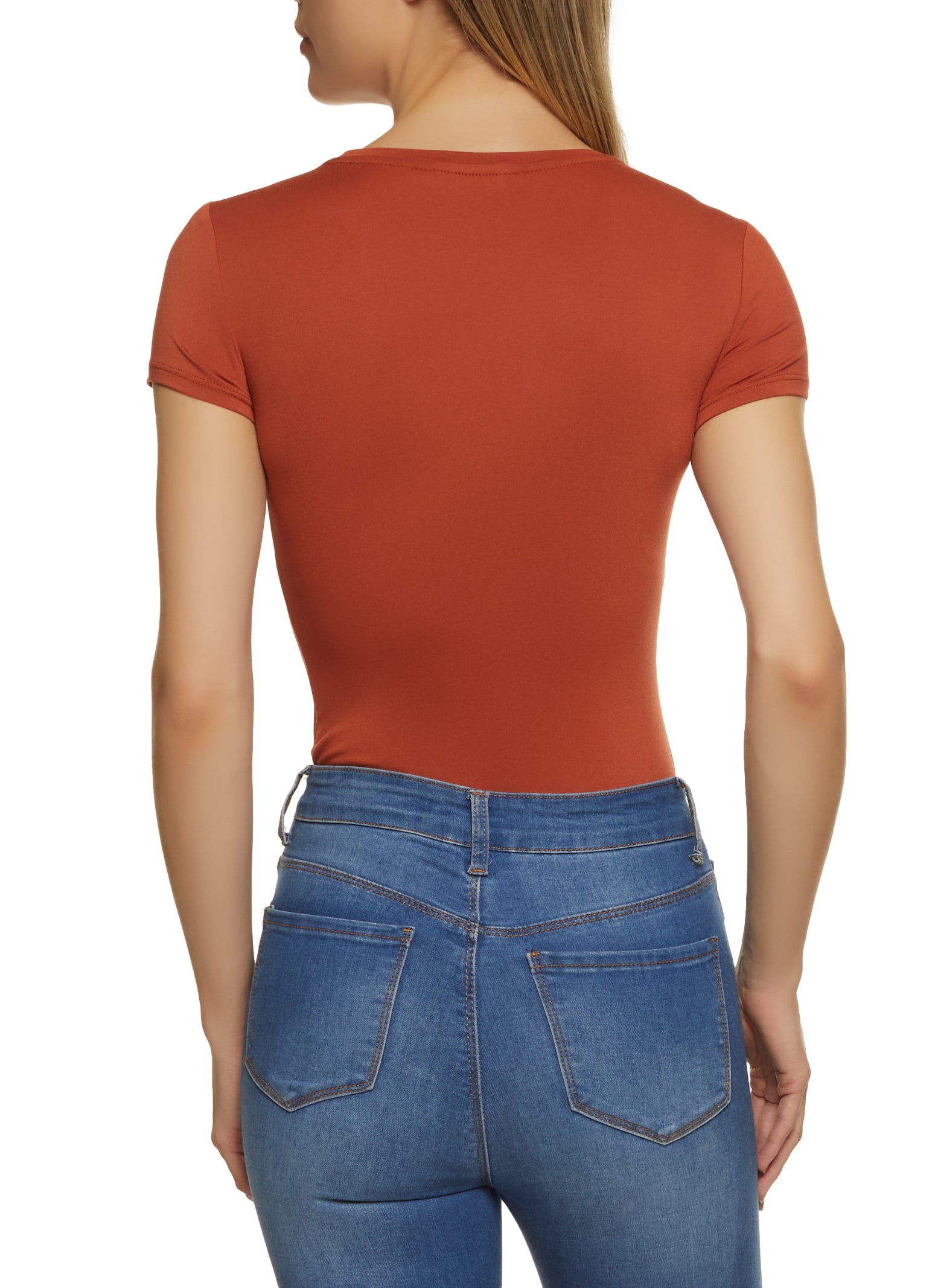 Solid Crew Neck Short Sleeve Bodysuit - Rust