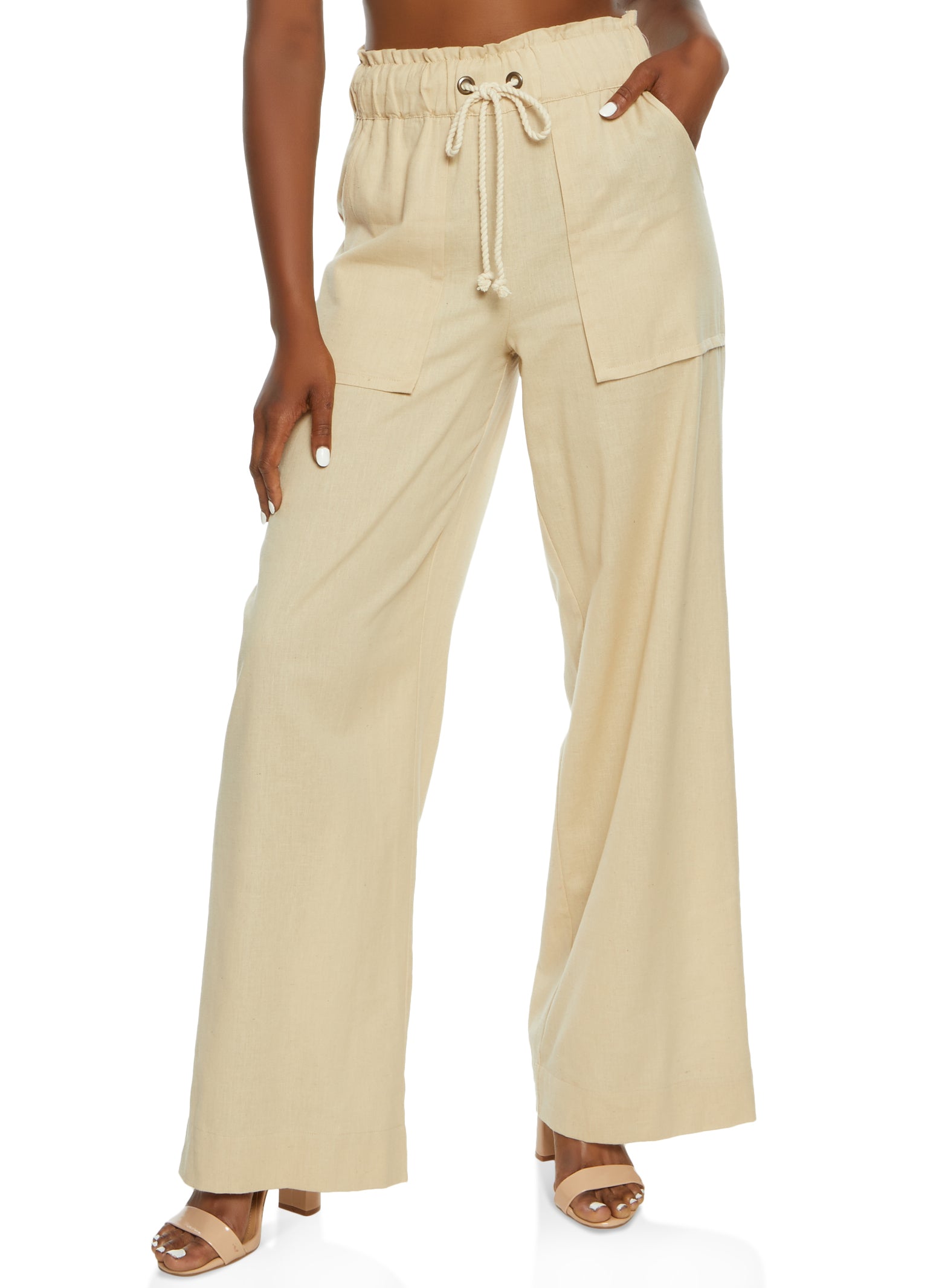 Linen Drawstring High Waist Wide Leg Pants