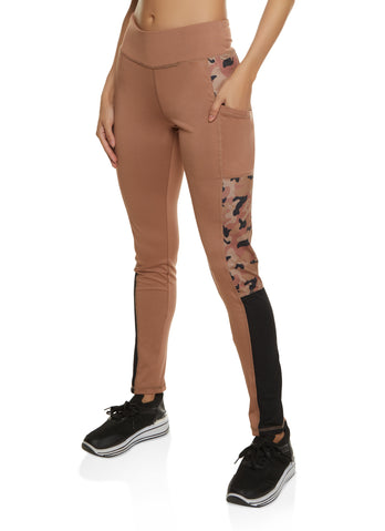 Camo Color Block Cell Phone Pocket Leggings - Camel