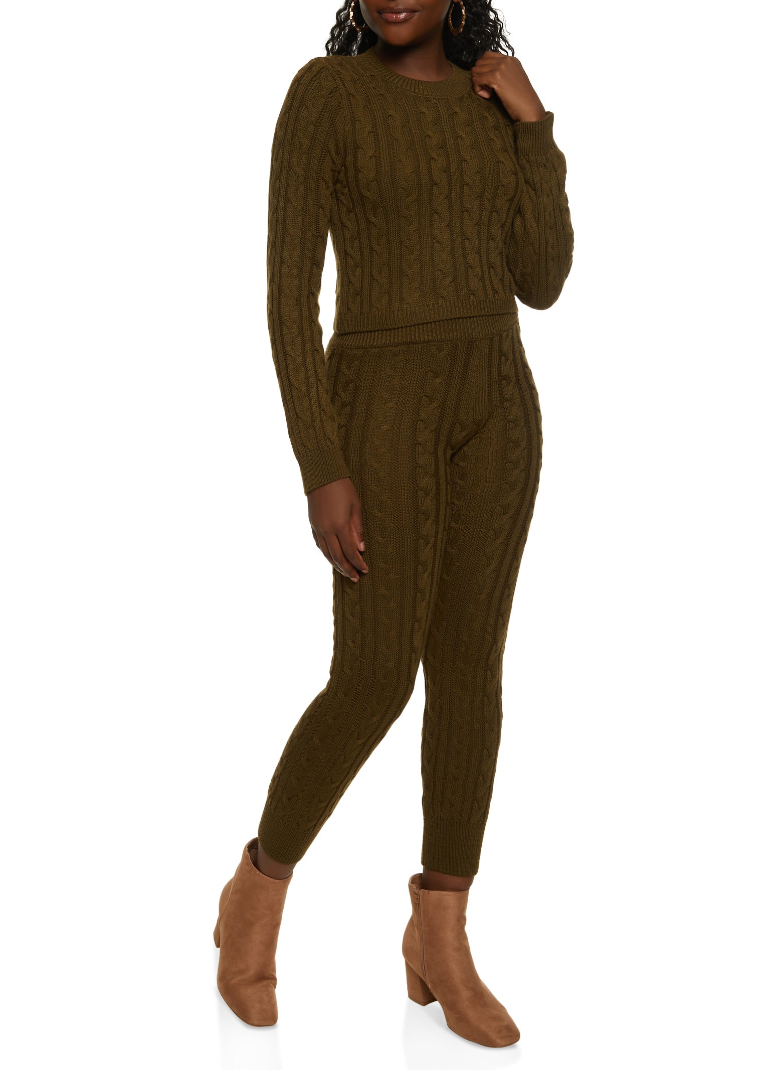 Cable Knit High Waist Leggings - Olive