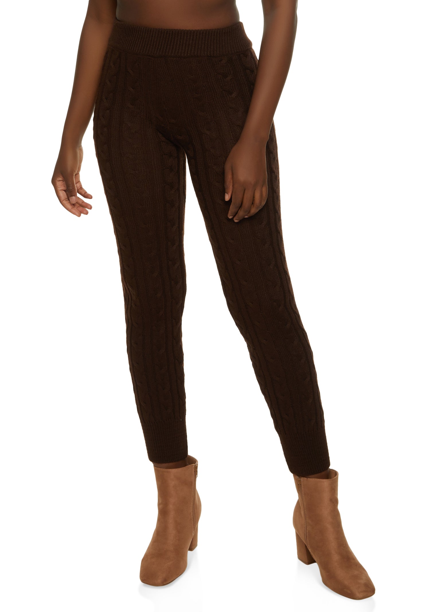 Cable Knit High Waist Leggings - Brown