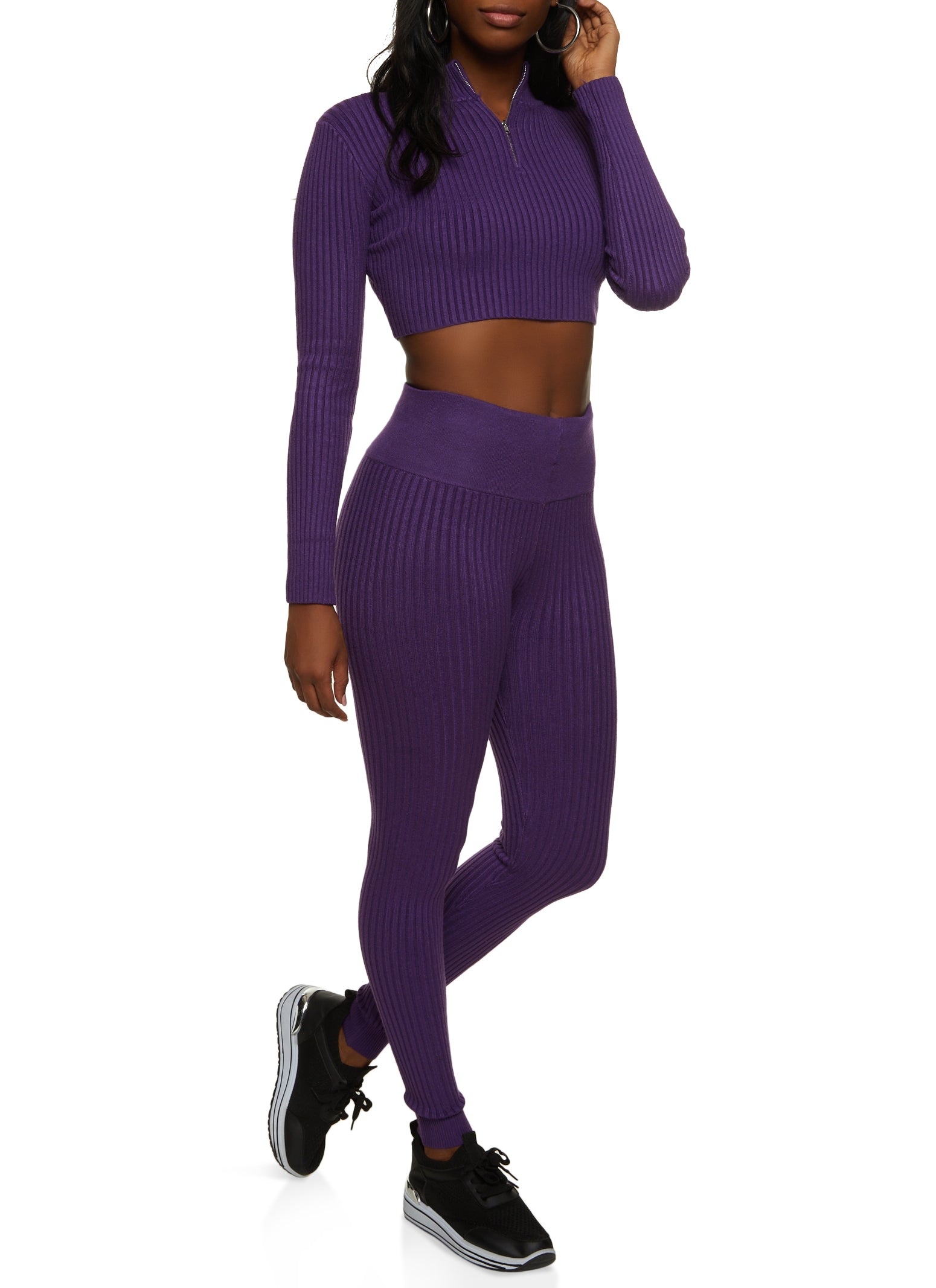 Basics Ribbed High Waisted Leggings - Purple