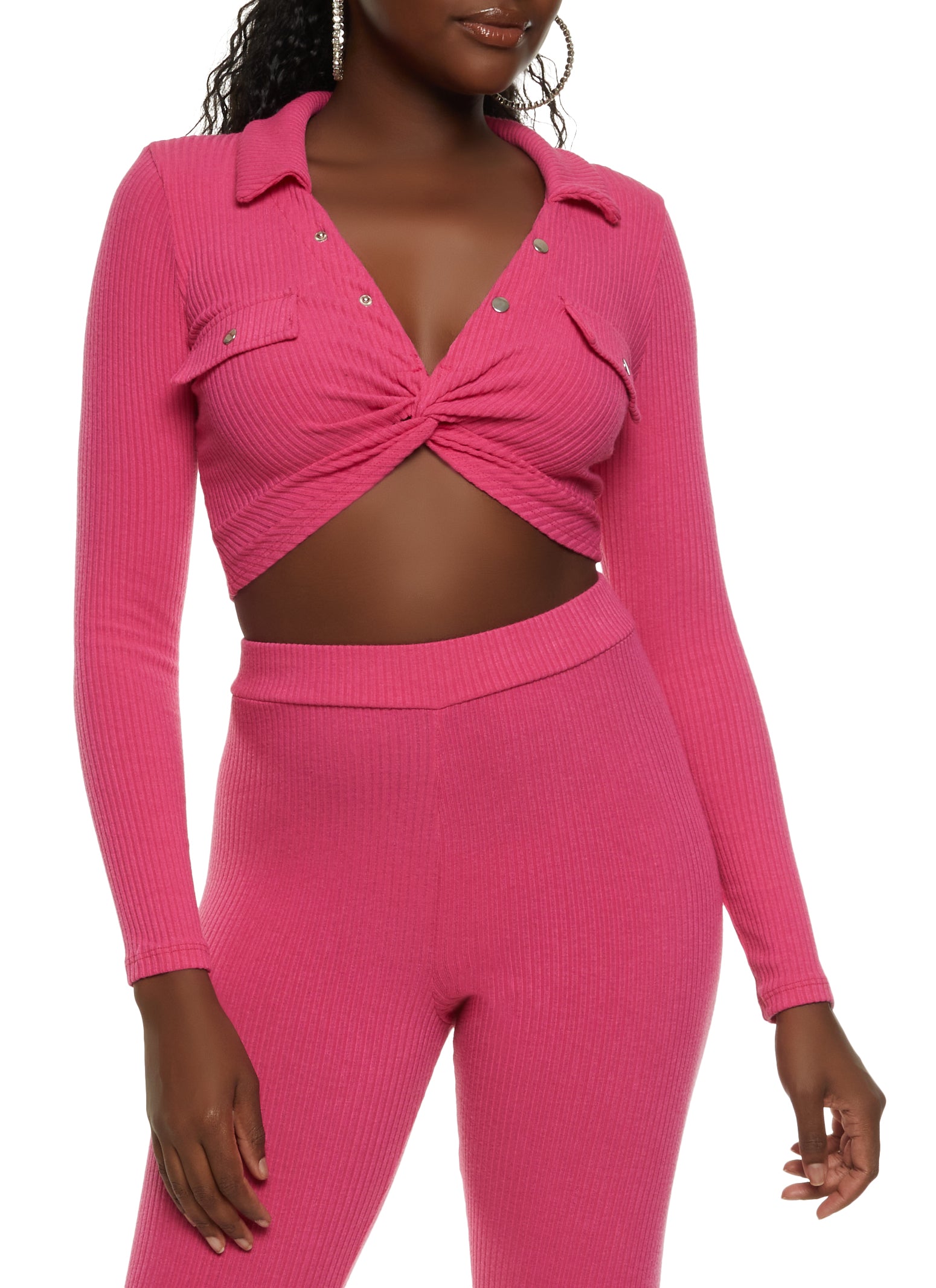 Rib Knitted Long Sleeve Top Pink