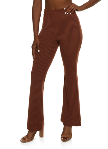 Ribbed Knit Flare Leg Pants - Brown