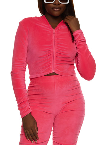 Velour Ruched Zip Front Hoodie - Pink