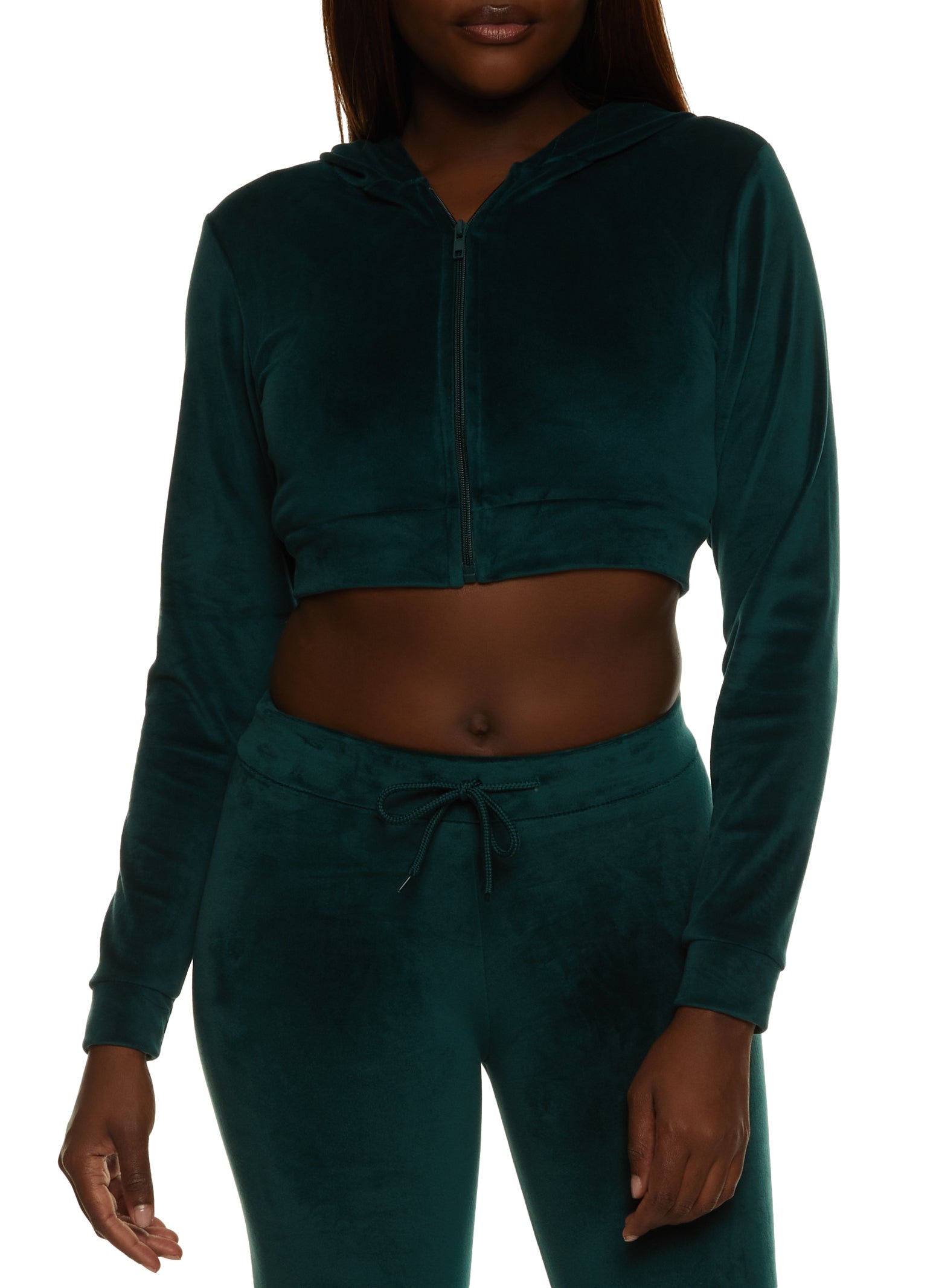 Velour Zip Front Cropped Hoodie