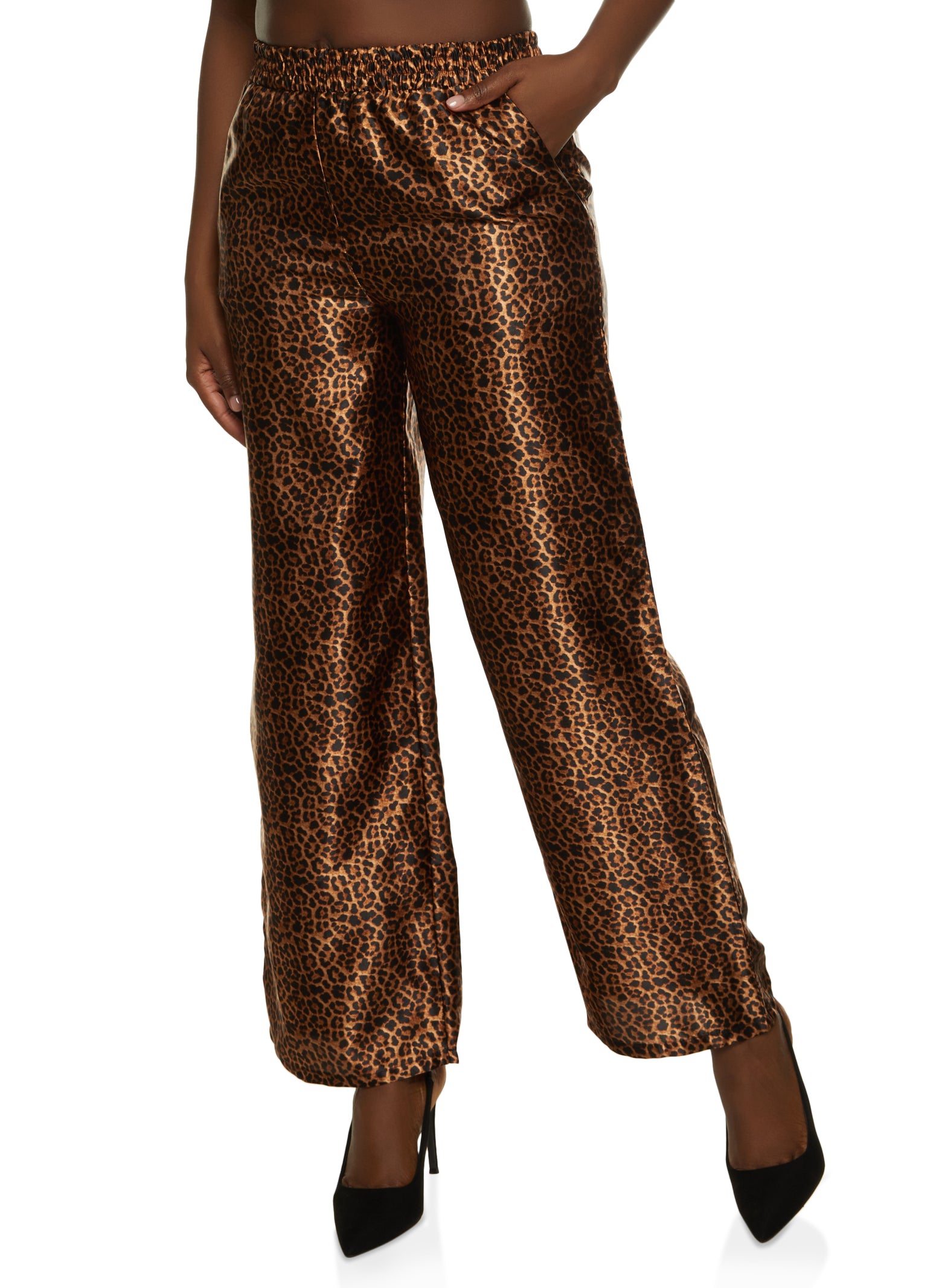 Printed Satin Wide Leg Pants - Brown