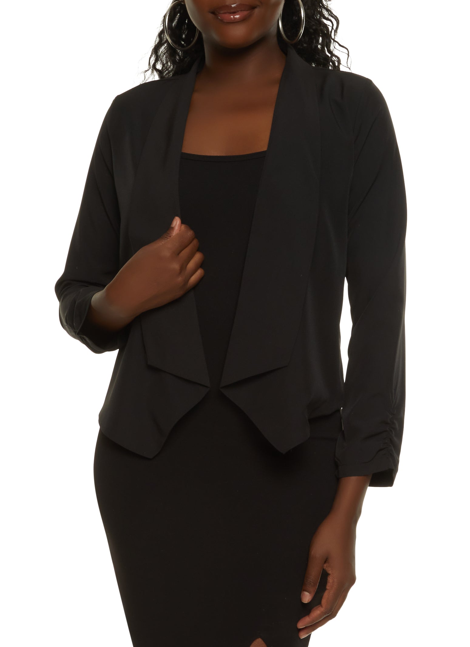 Solid Crepe Knit Ruched Sleeve Blazer