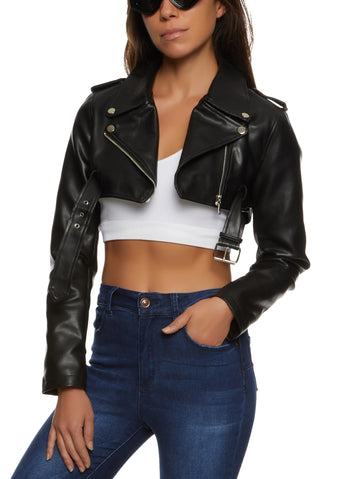 Black Faux Leather Pocket Detail Oversized Cropped Jacket