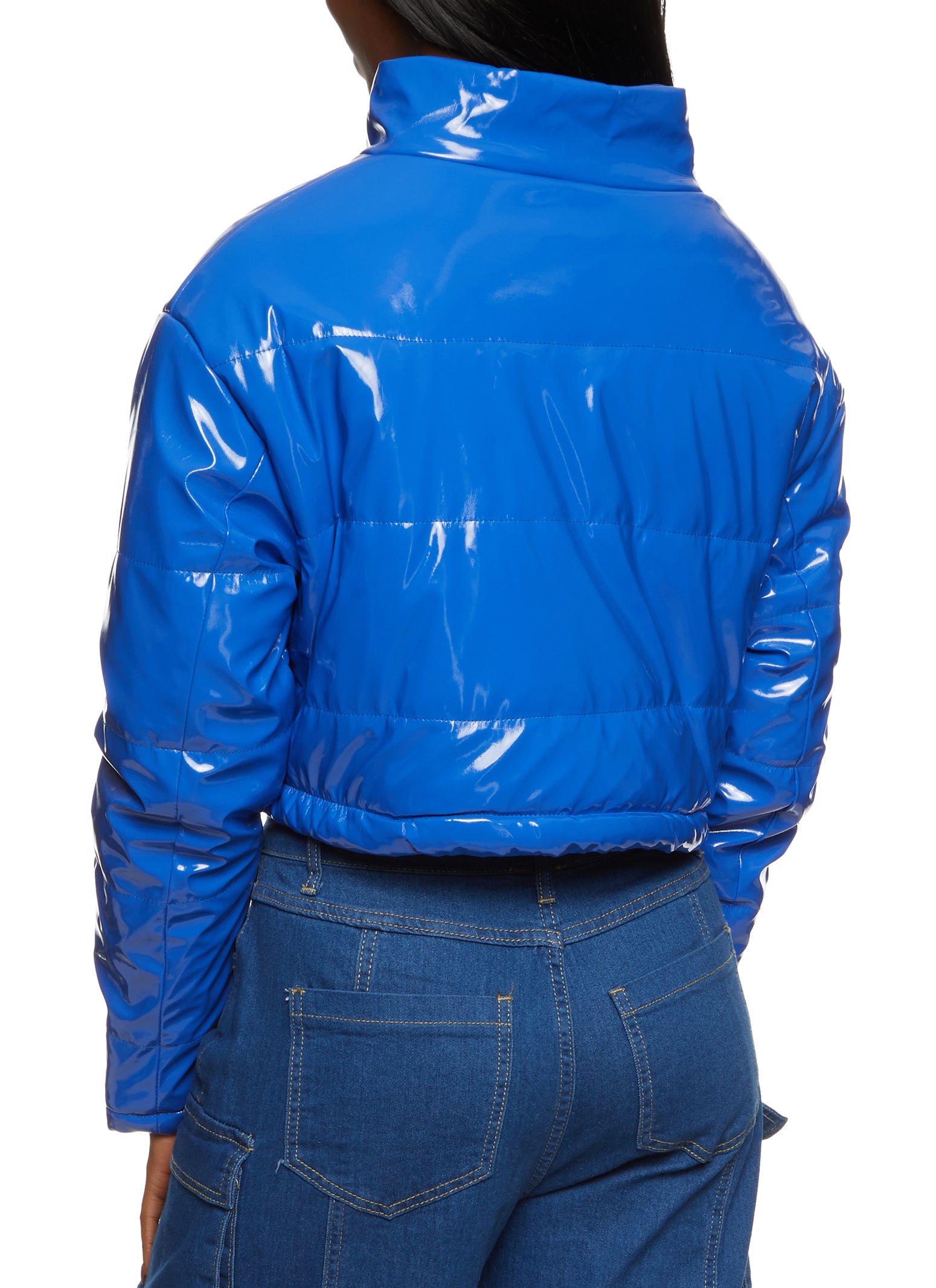 Blue vinyl puffer outlet jacket