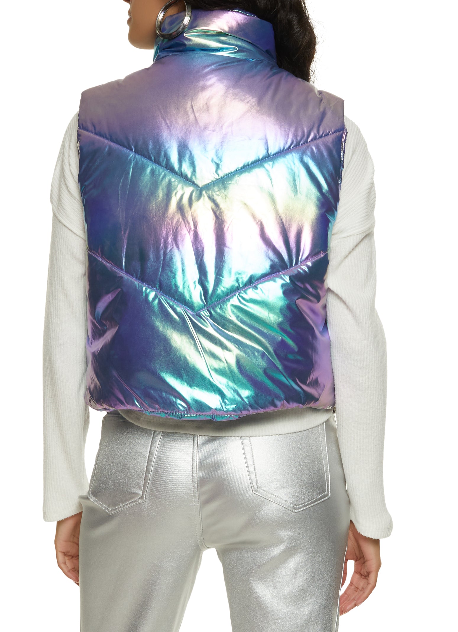 Iridescent Toggle Drawstring Hem Puffer Vest - Purple