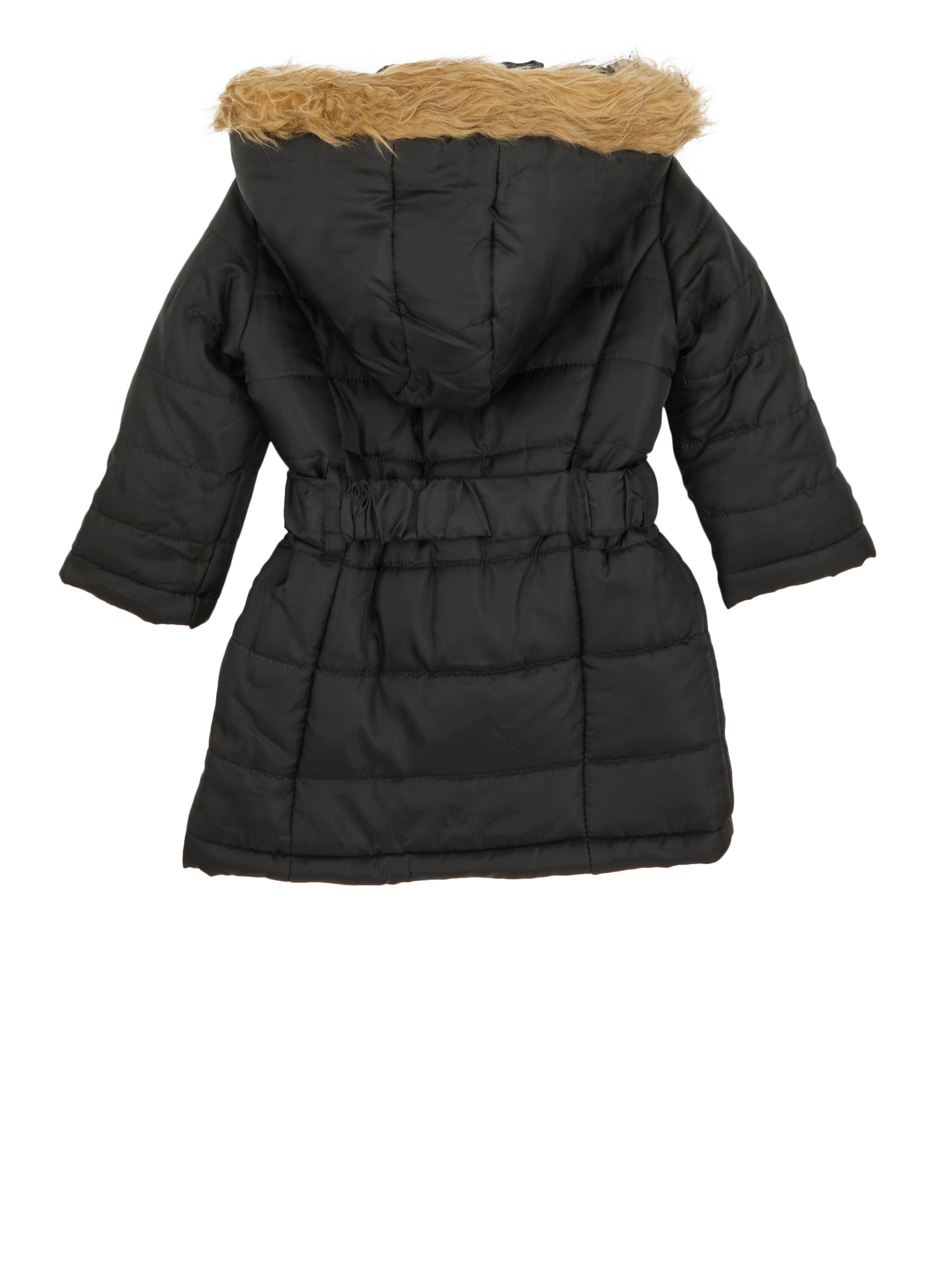 Toddler Girls Faux Fur Trim Hooded Long Puffer Jacket - Black