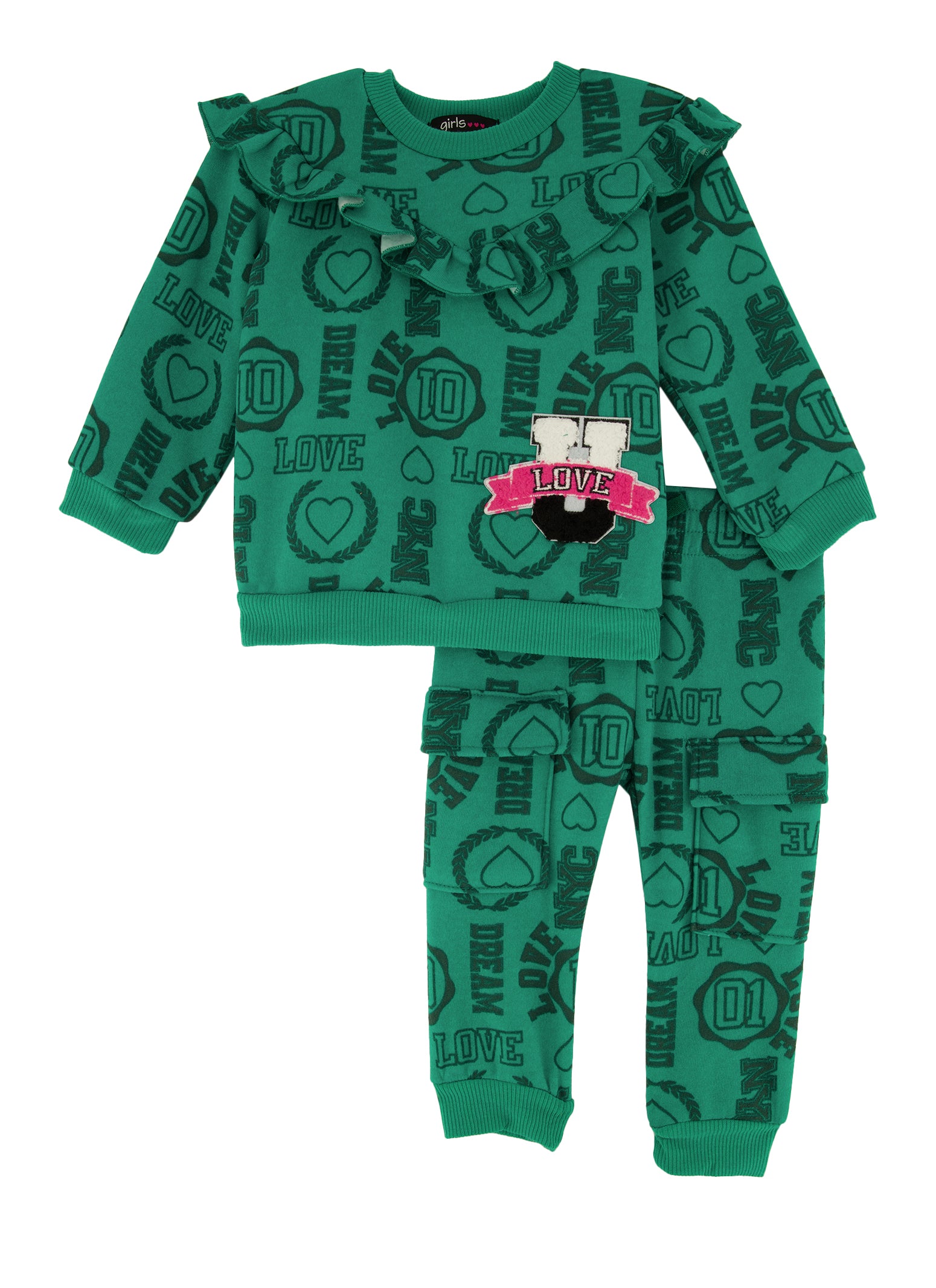 Baby Girls 12-24M Love Chenille Patch Graphic Sweatshirt and Joggers - Green