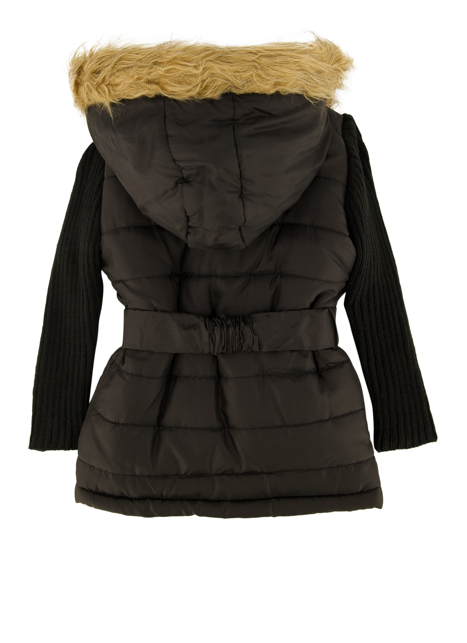 Baby Girls 12-24M Ribbed Knit Sleeve Belted Faux Fur Hooded Jacket - Black