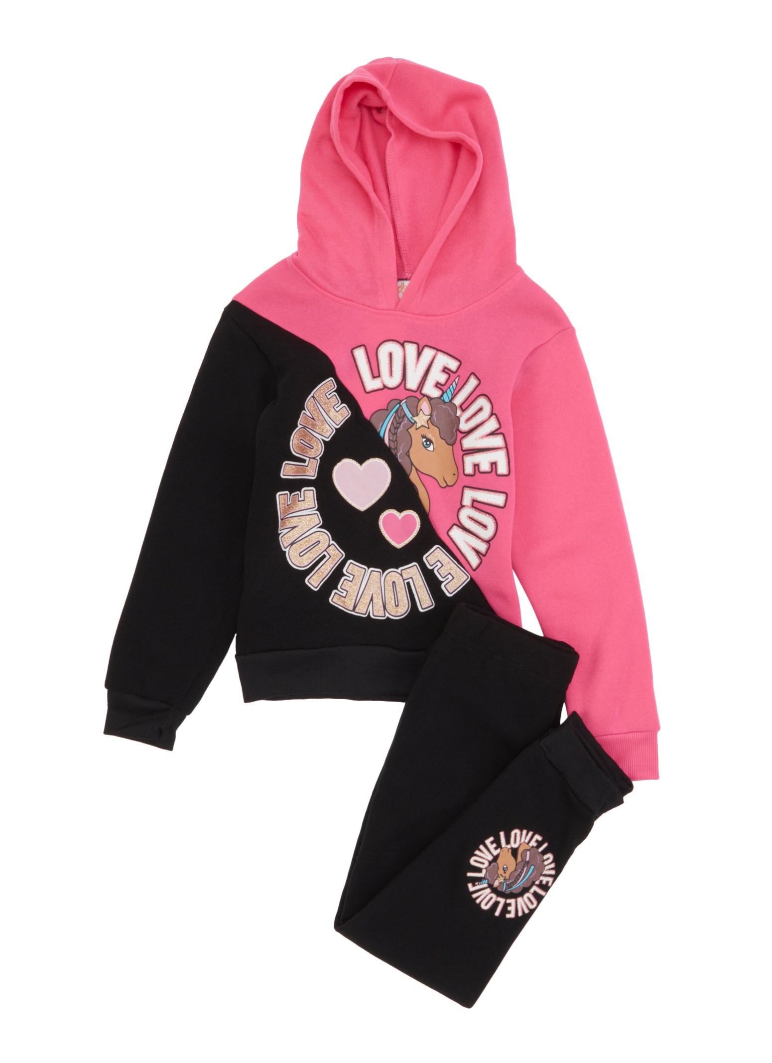 Little Girls Love Color Block Graphic Hoodie and Joggers Fuchsia