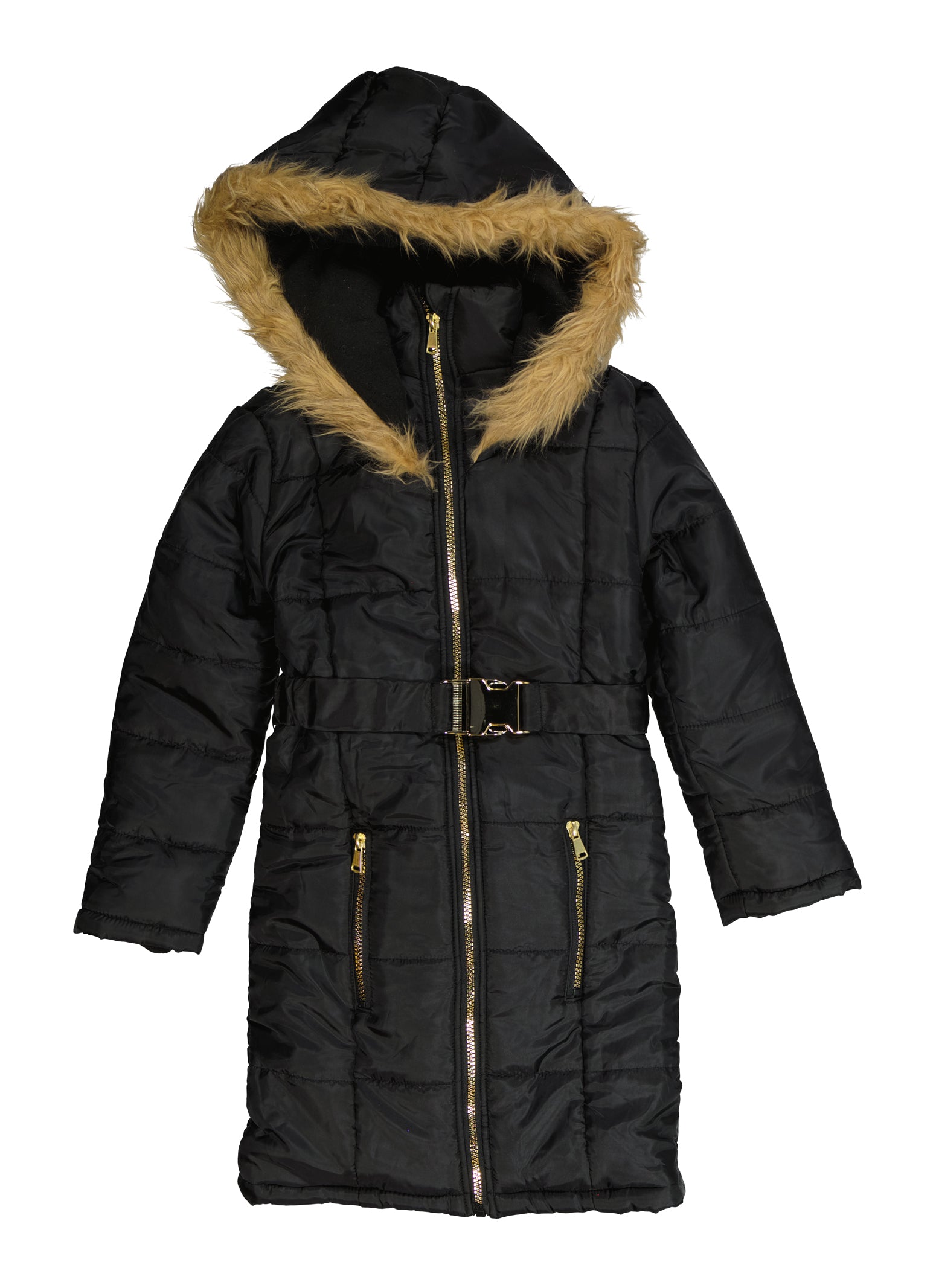 Girls Belted Zip Front Hooded Long Puffer Jacket