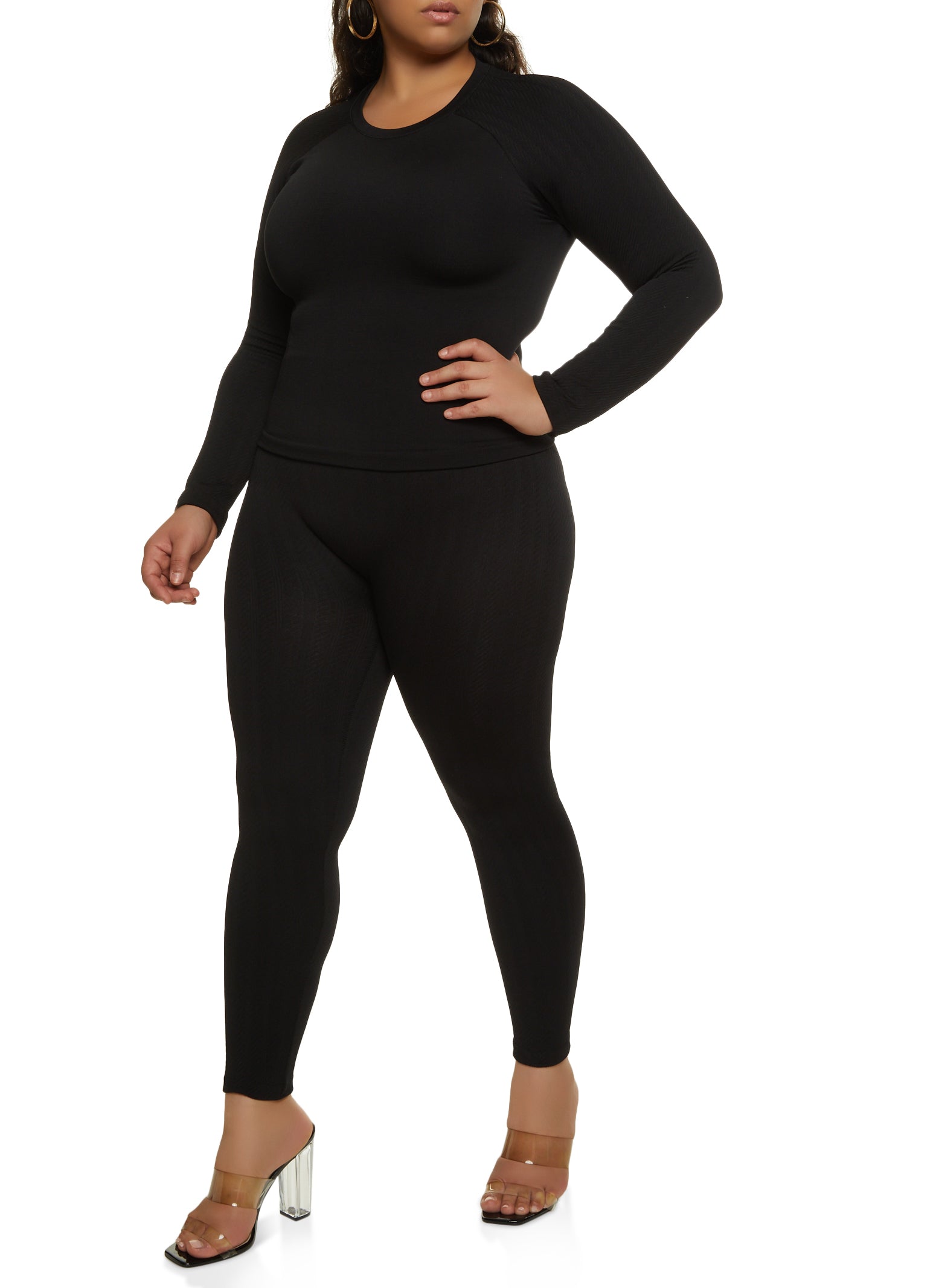 Plus Size Seamless Textured Knit High Waist Leggings - Black