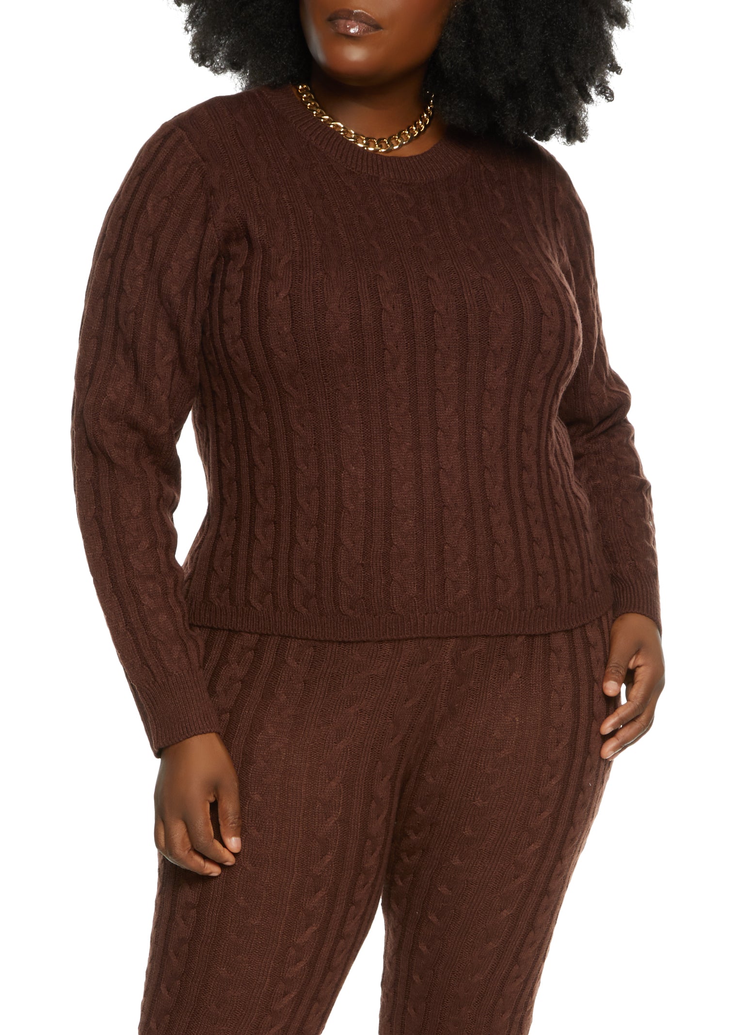 Plus Size Cable Knit Leggings - Brown