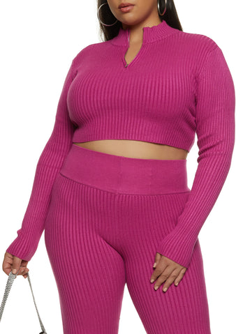 Magenta Notched Ribbed Crop Tee