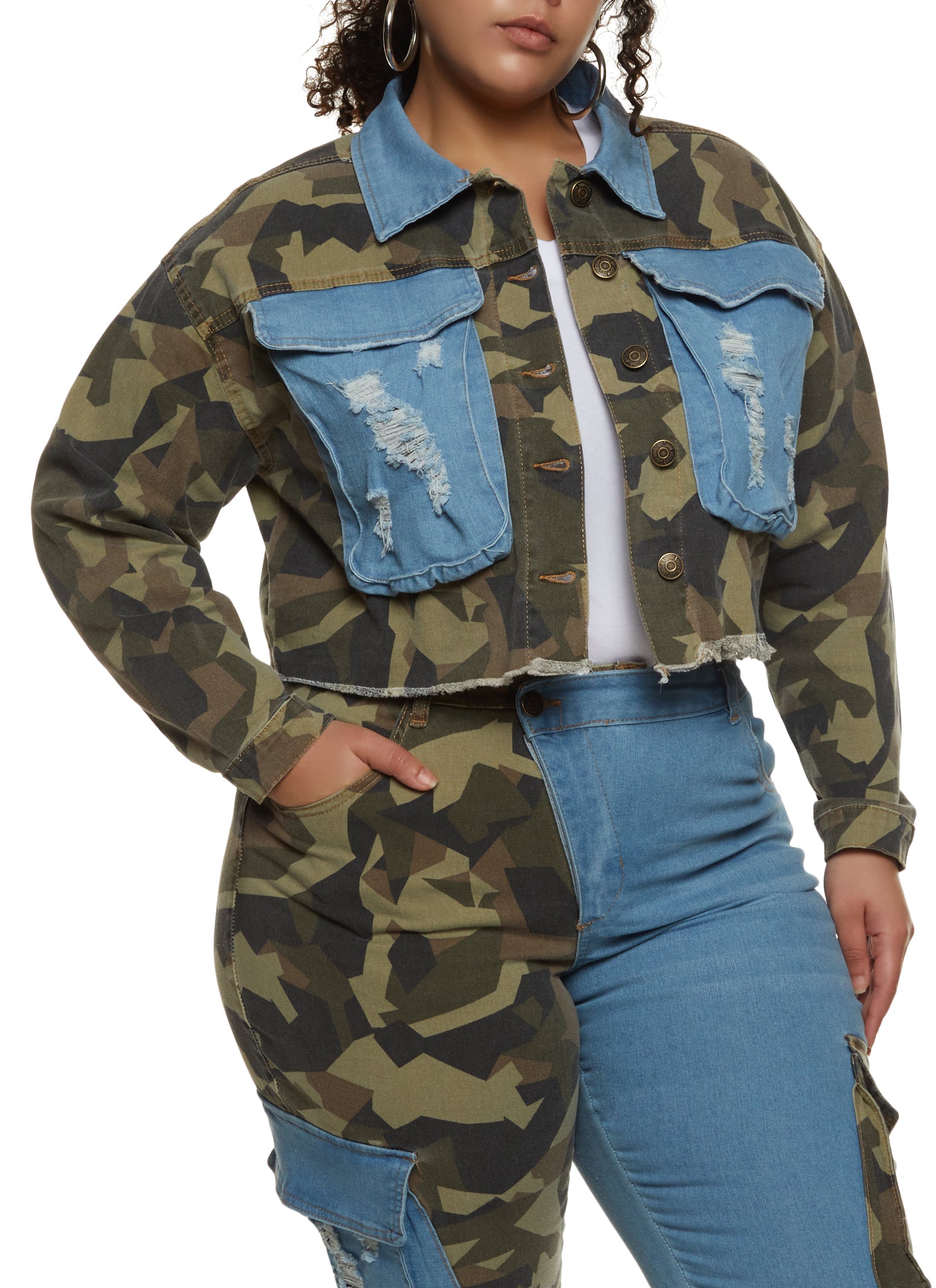 Free People Camo Cropped Denim Jacket | Bloomingdale's