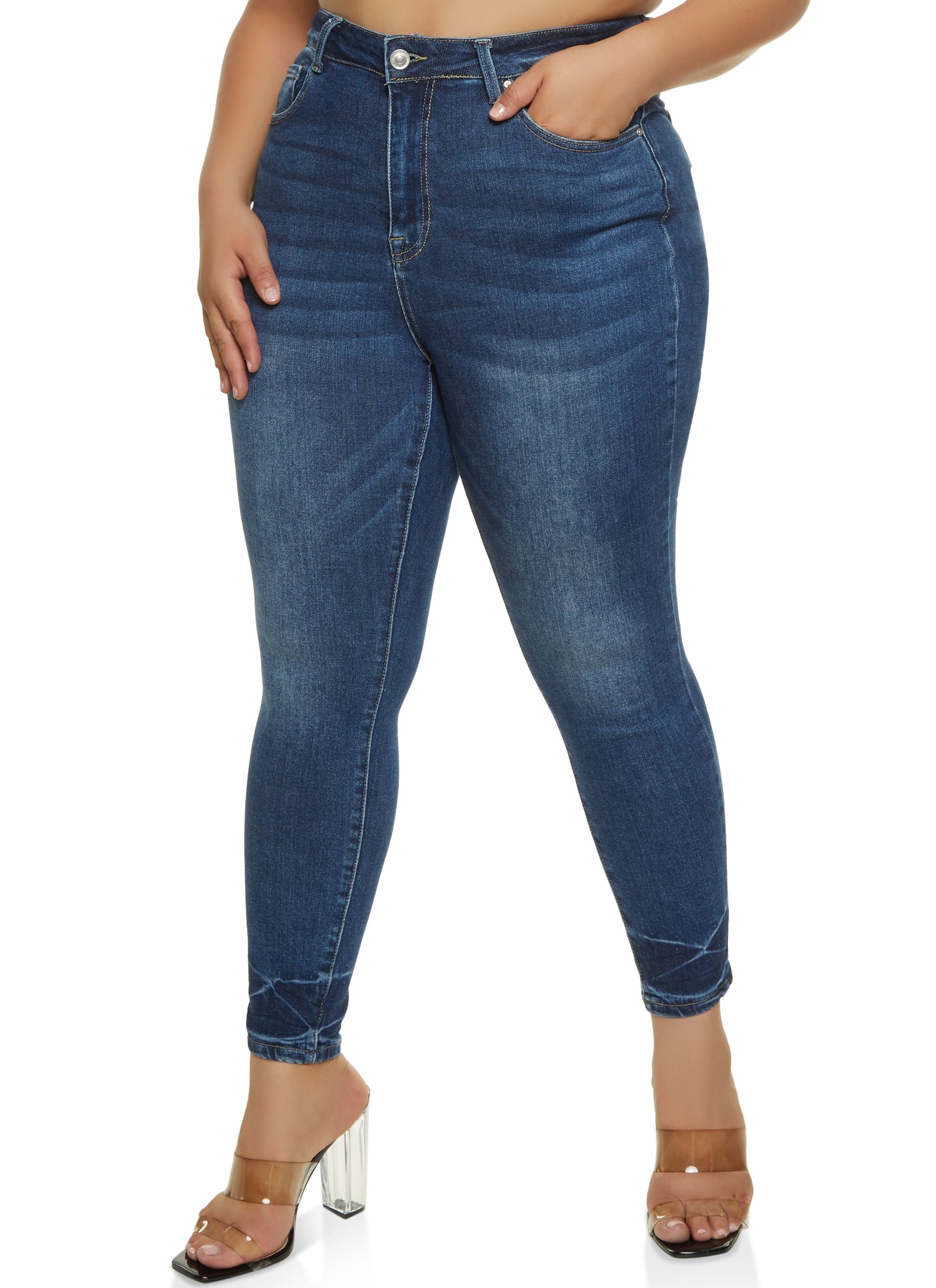 Plus Size WAX High Waisted Whiskered Skinny Jeans - Dark Wash