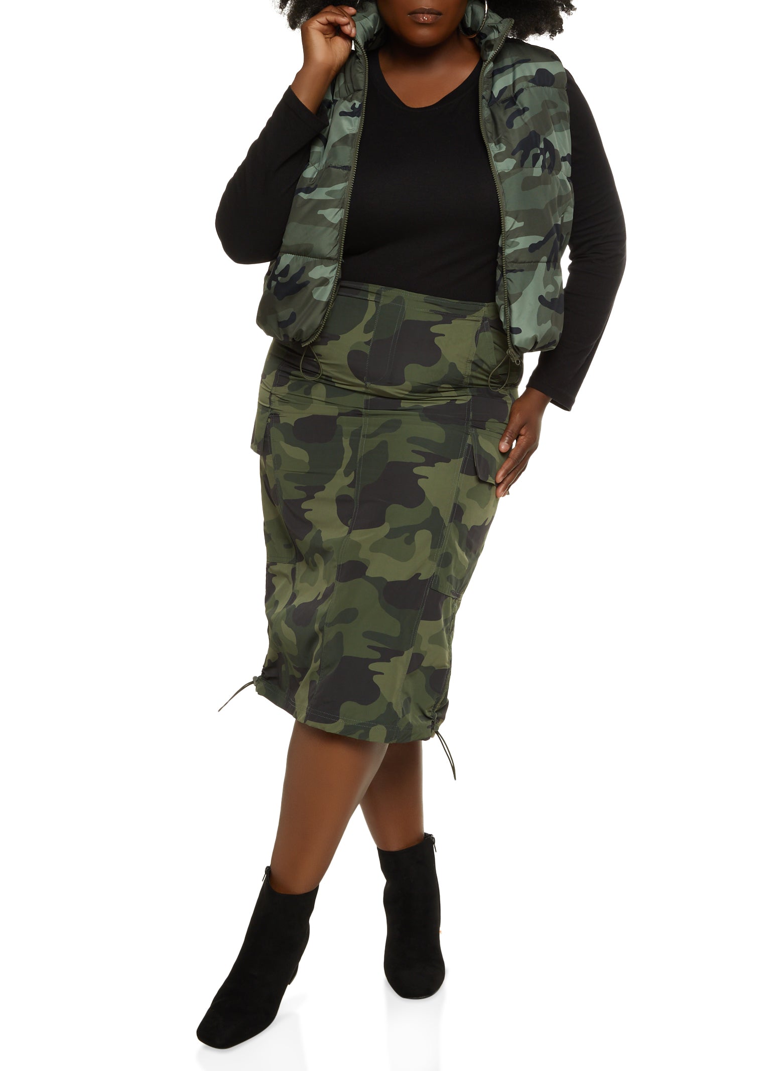 Plus Size Nylon Cargo Pocket Skirt - Olive