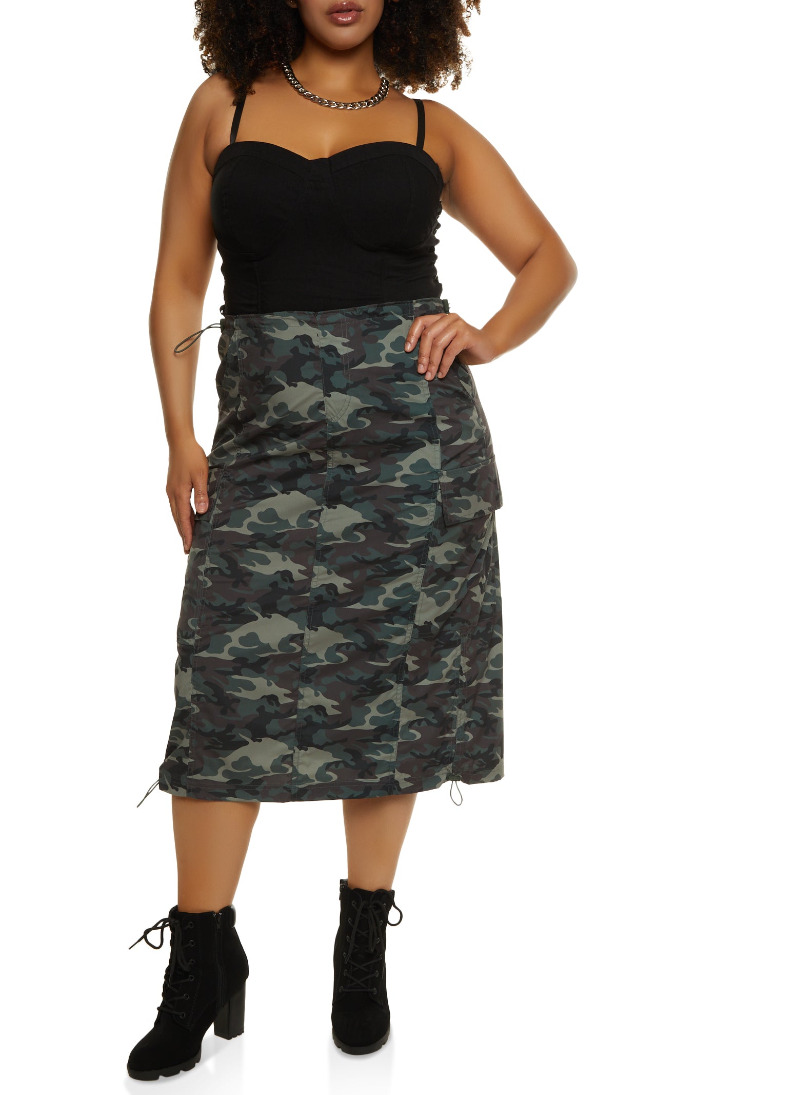 Plus Size Belted Camo Pleated Skirt - Olive