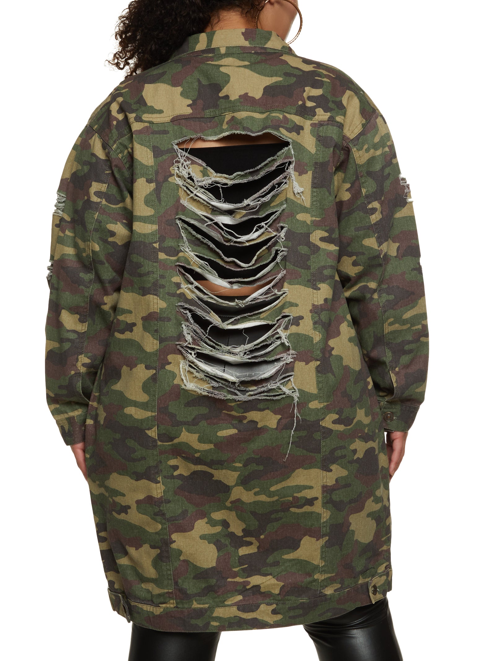 Plus Size Camo Distressed Shacket