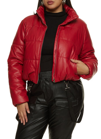 Cropped puffer jacket with a drawstring and patch pockets in Red