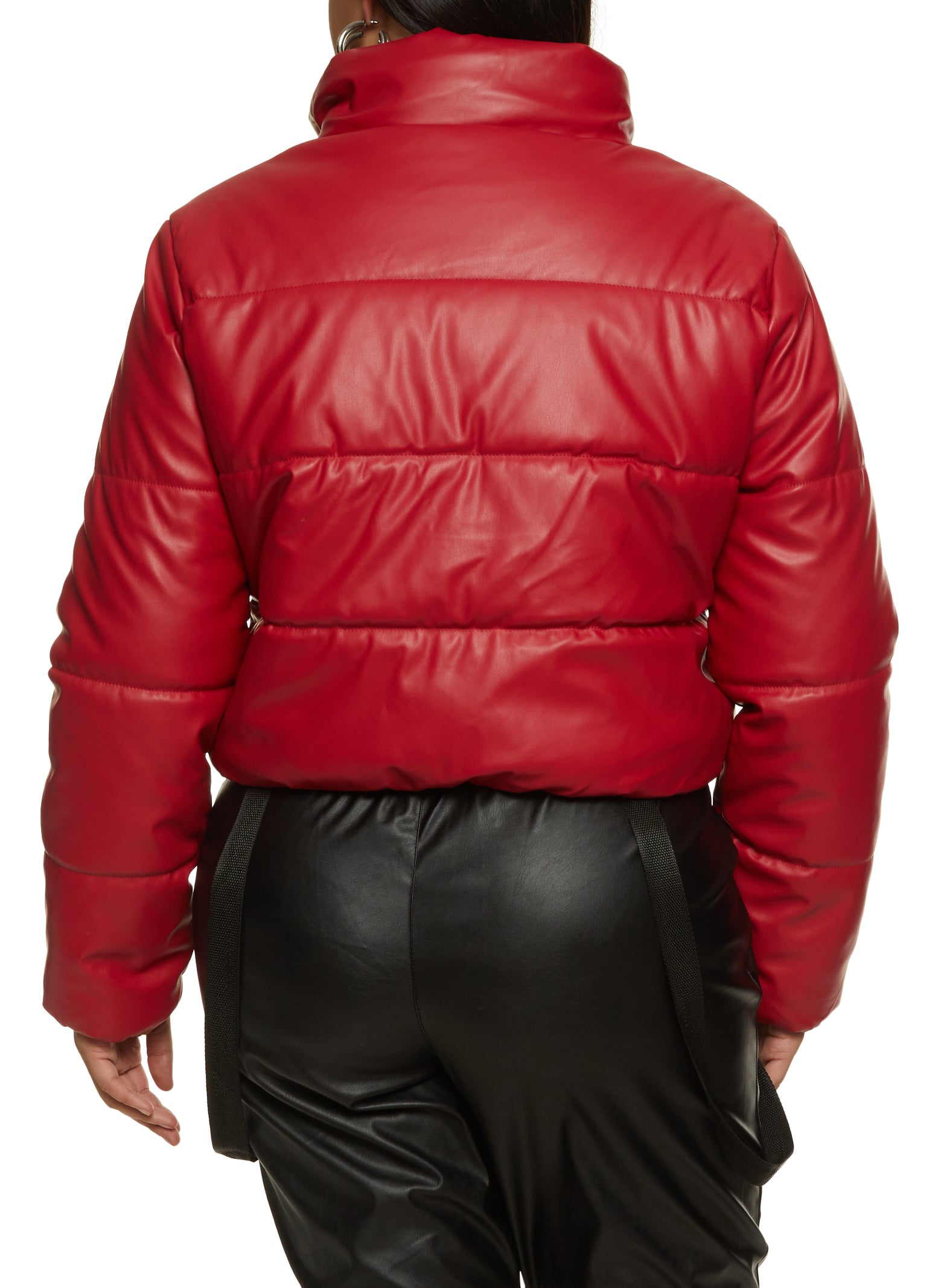 Plus Size Faux Leather Cropped Puffer Jacket