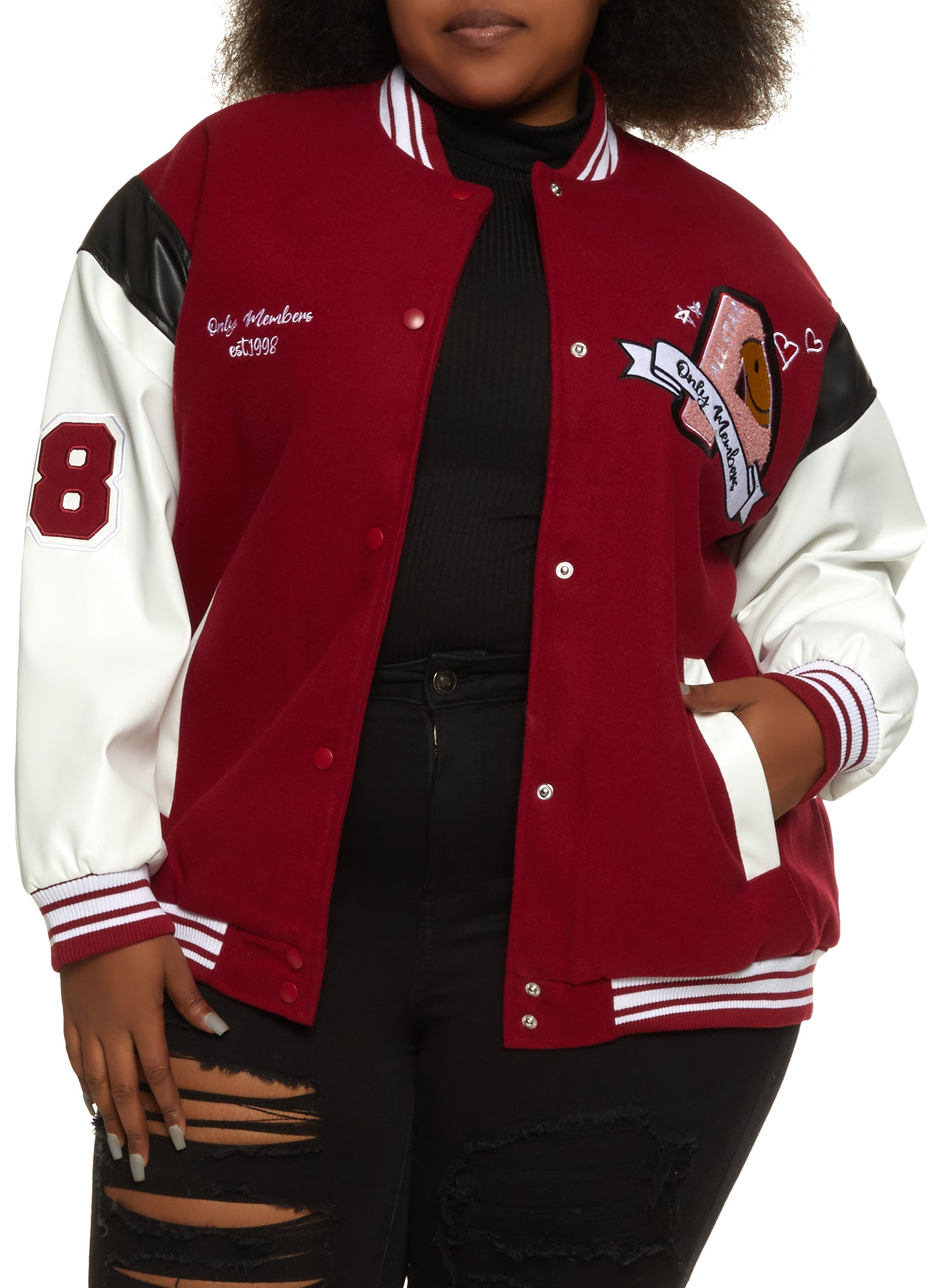 Plus Size Only Members Chenille Patch Varsity Bomber Jacket