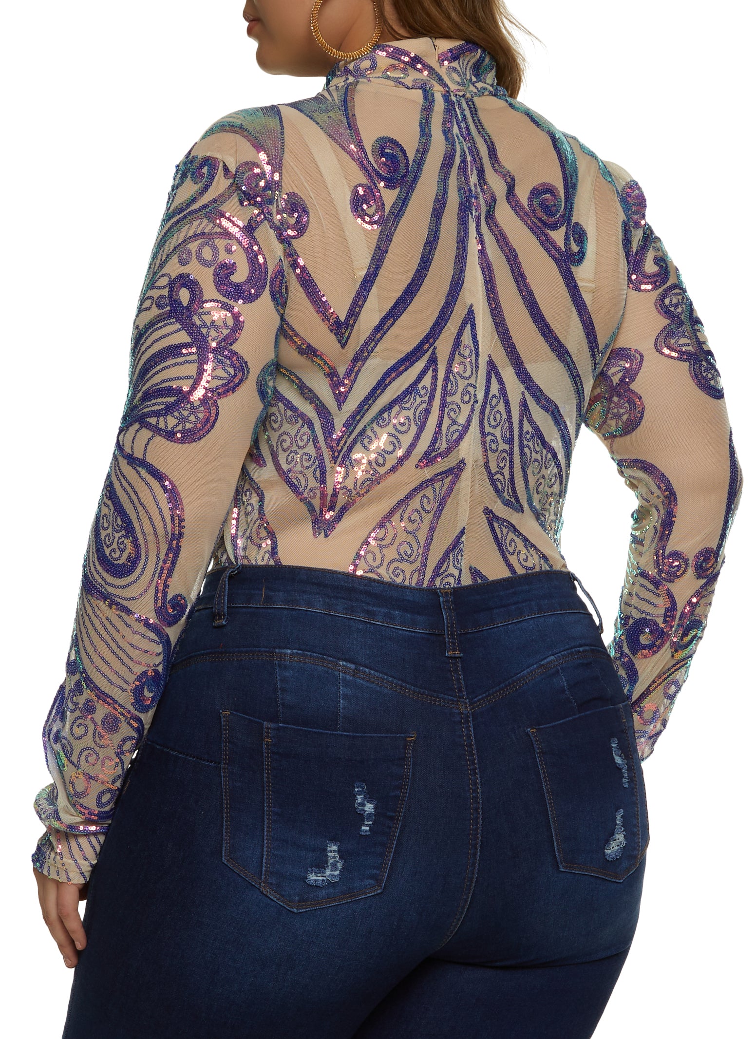 Rainbow Shops Womens Plus Mesh Sequin Printed Bodysuit, 2X