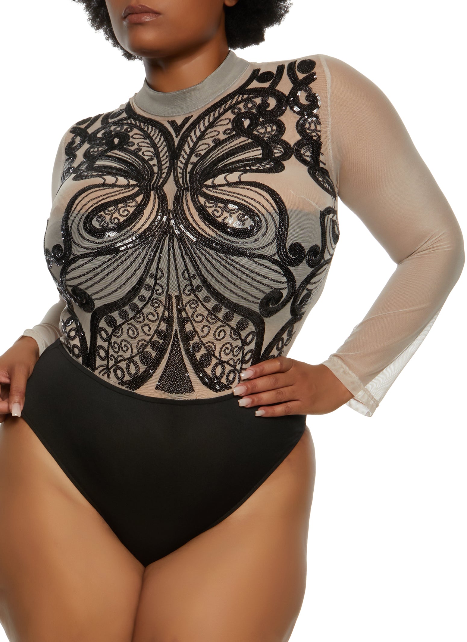 Plus Size Butterfly Sequin Mesh Long Sleeve Bodysuit - Nude