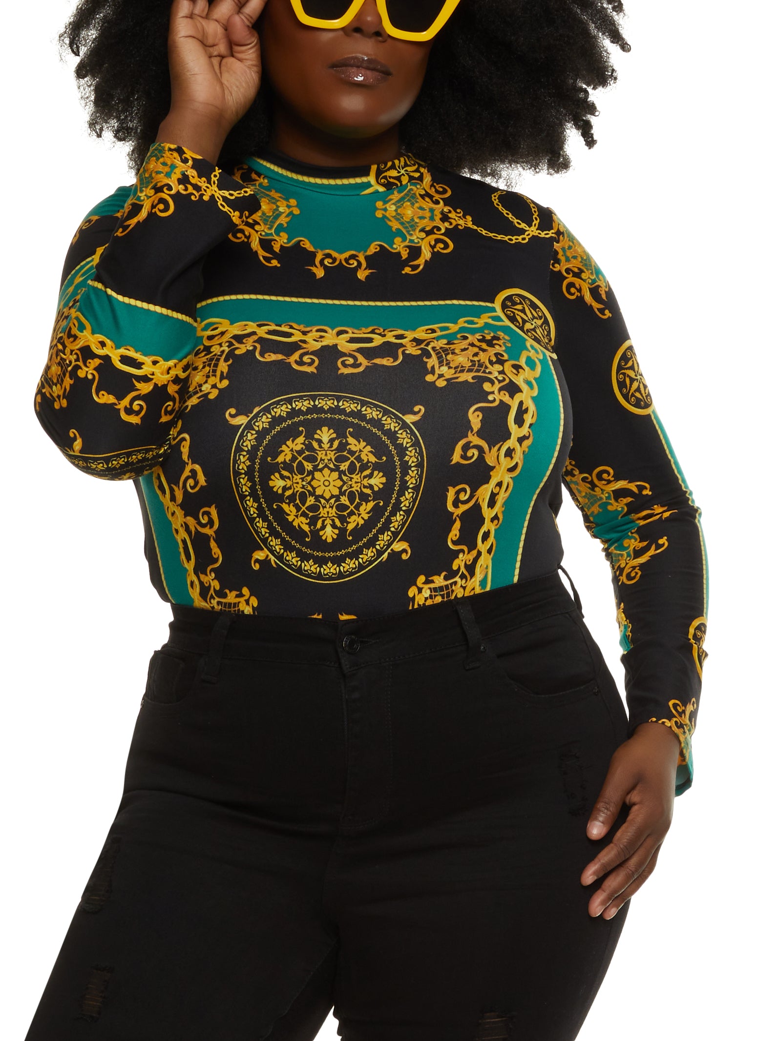 Plus Size Status Print Long Sleeve Bodysuit