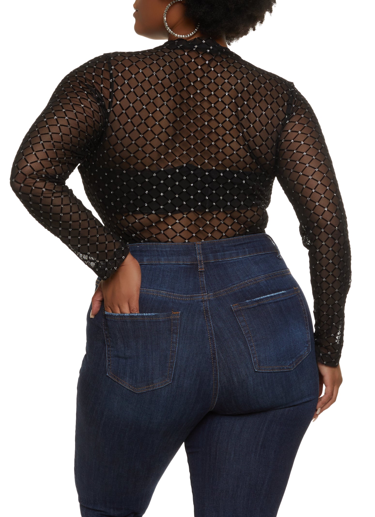 Plus Size Velvet Burnout Patterned Mesh Bodysuit - Black