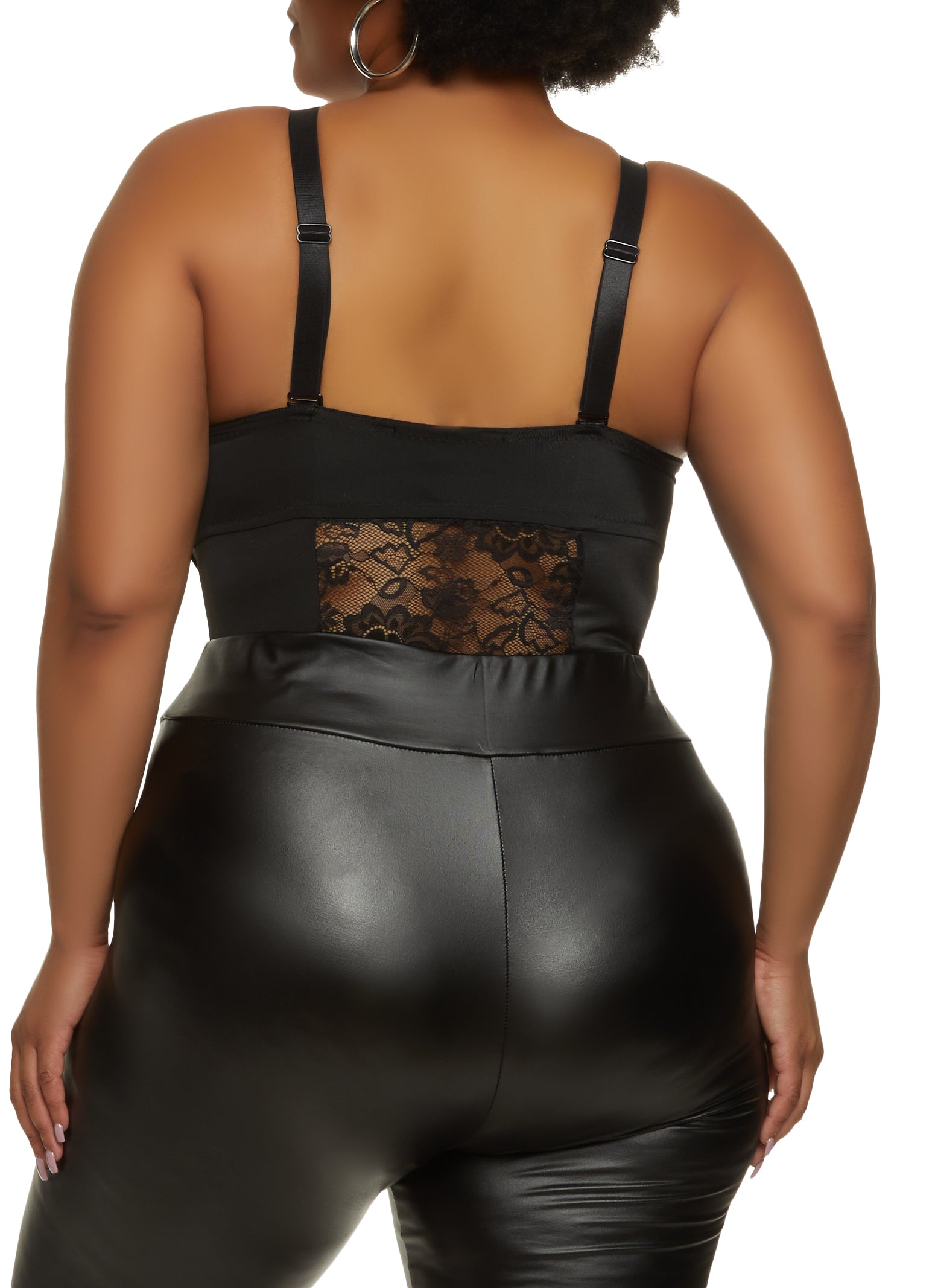 Plus Size Faux Leather Lace Bustier Bodysuit - Black