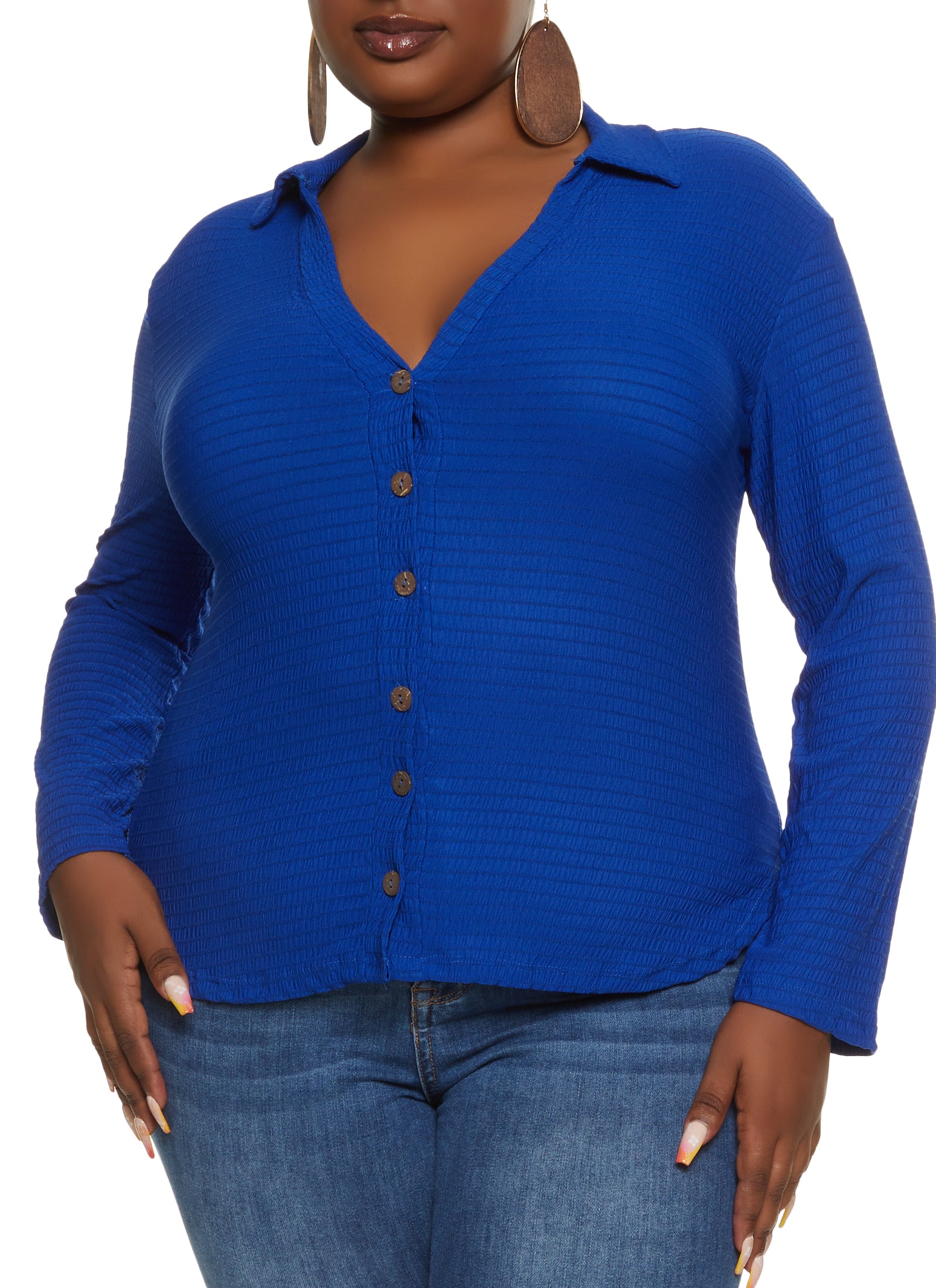 plus-size-smocked-button-front-long-sleeve-shirt