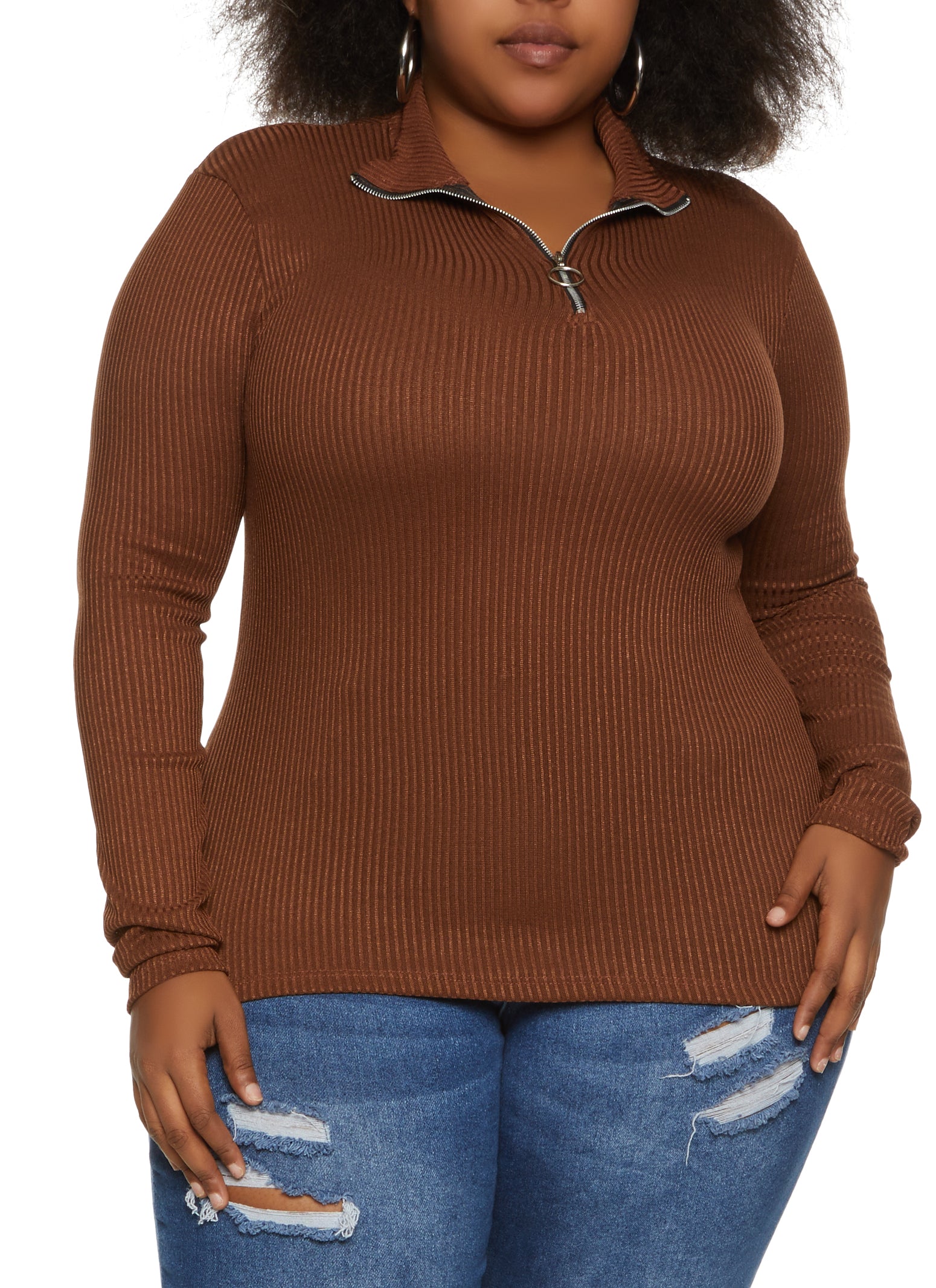 Plus Brown Ribbed Knitted Long Sleeve Collar Top