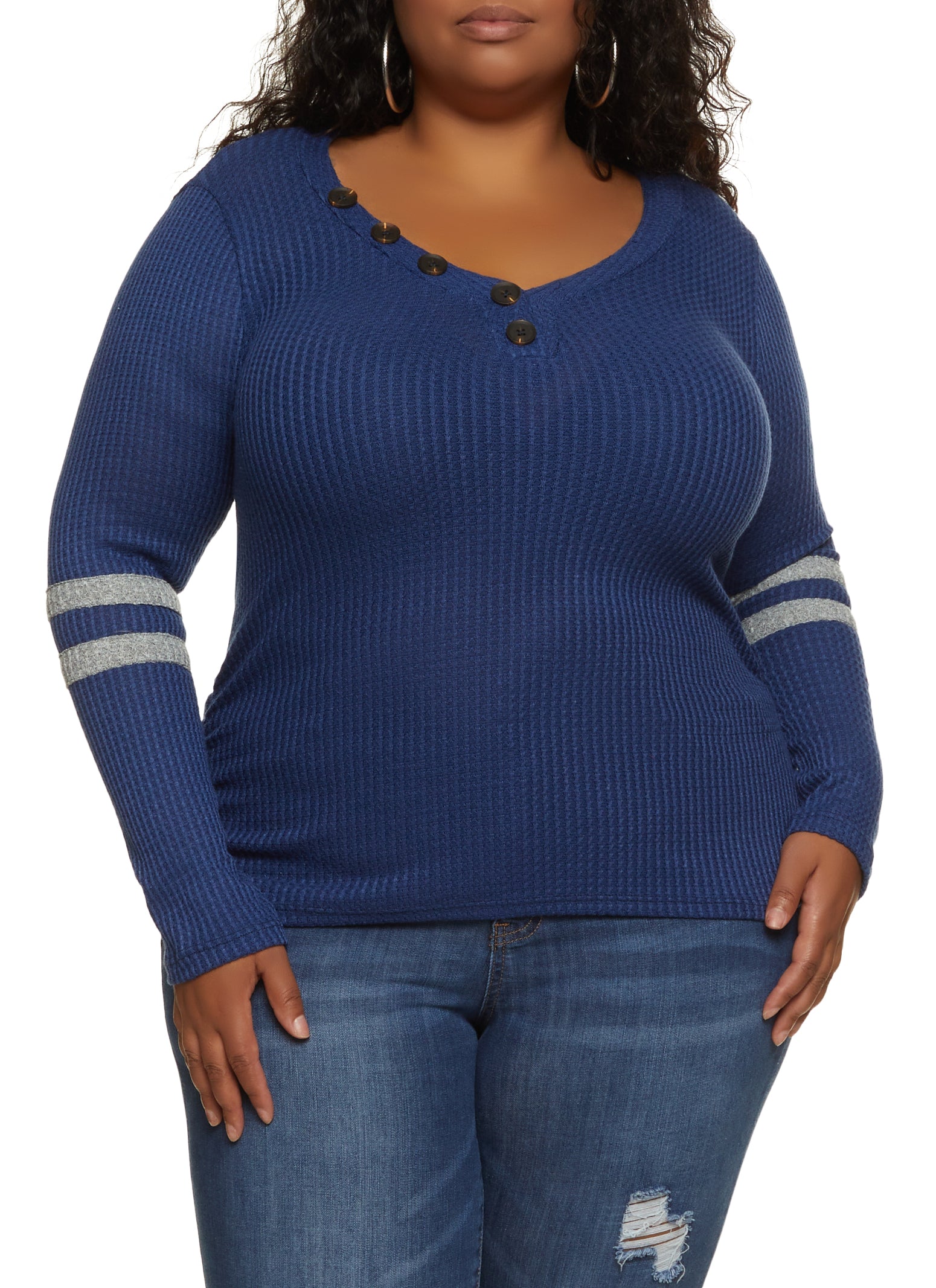 Plus Size Waffle Knit Faux Button Detail Top