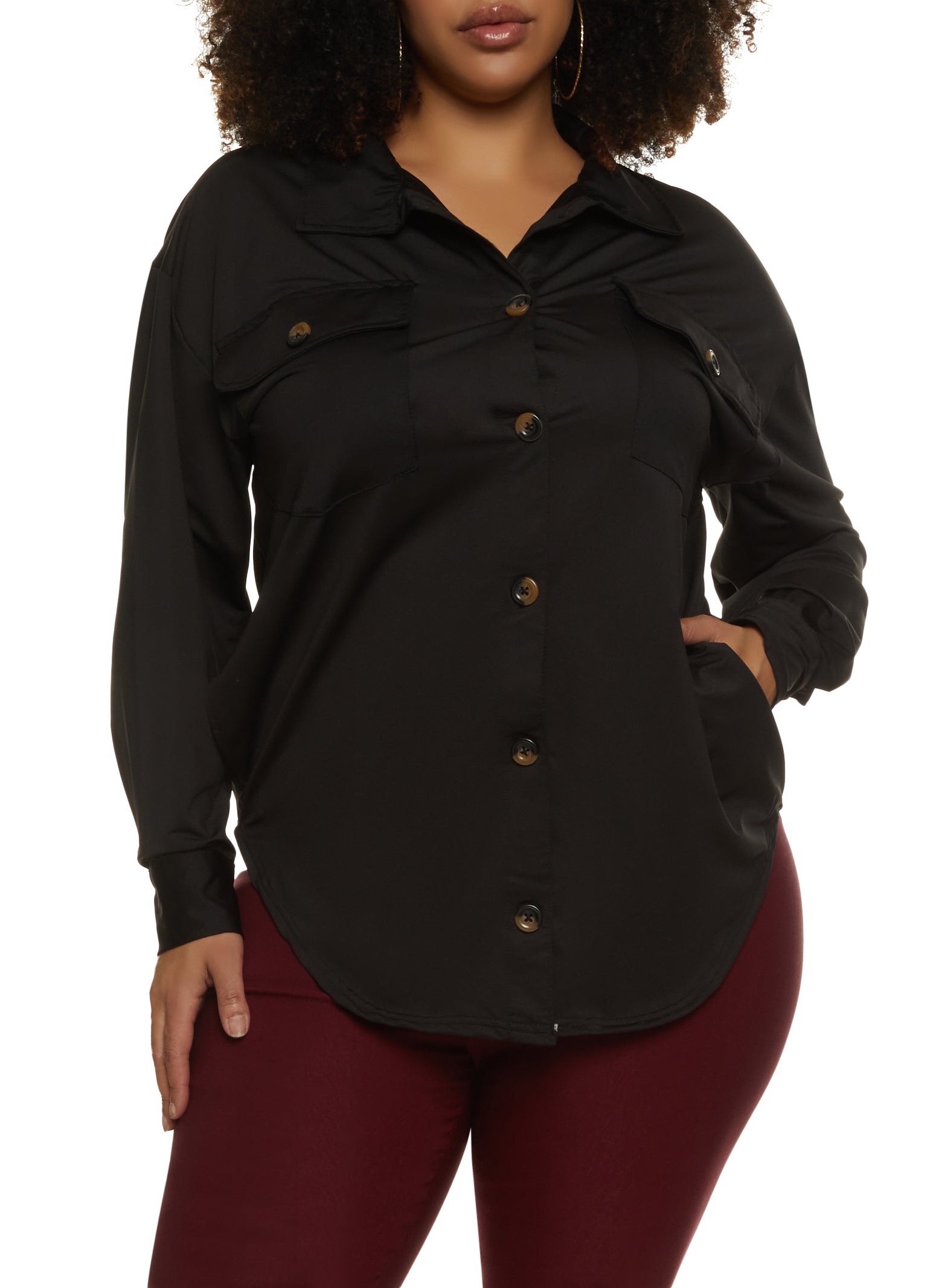 Plus Size Button Front Pocket Tunic Shirt - Black