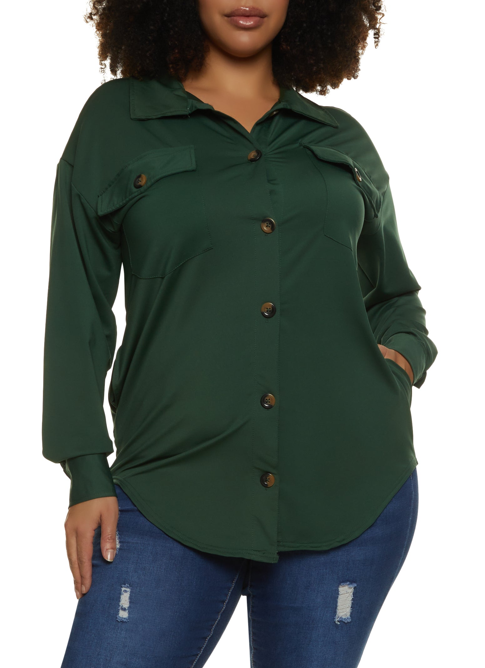 Plus Size Button Front Pocket Tunic Shirt - Green