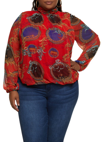 Plus Size Printed Mesh Mock Neck Puff Sleeve Blouse - Red