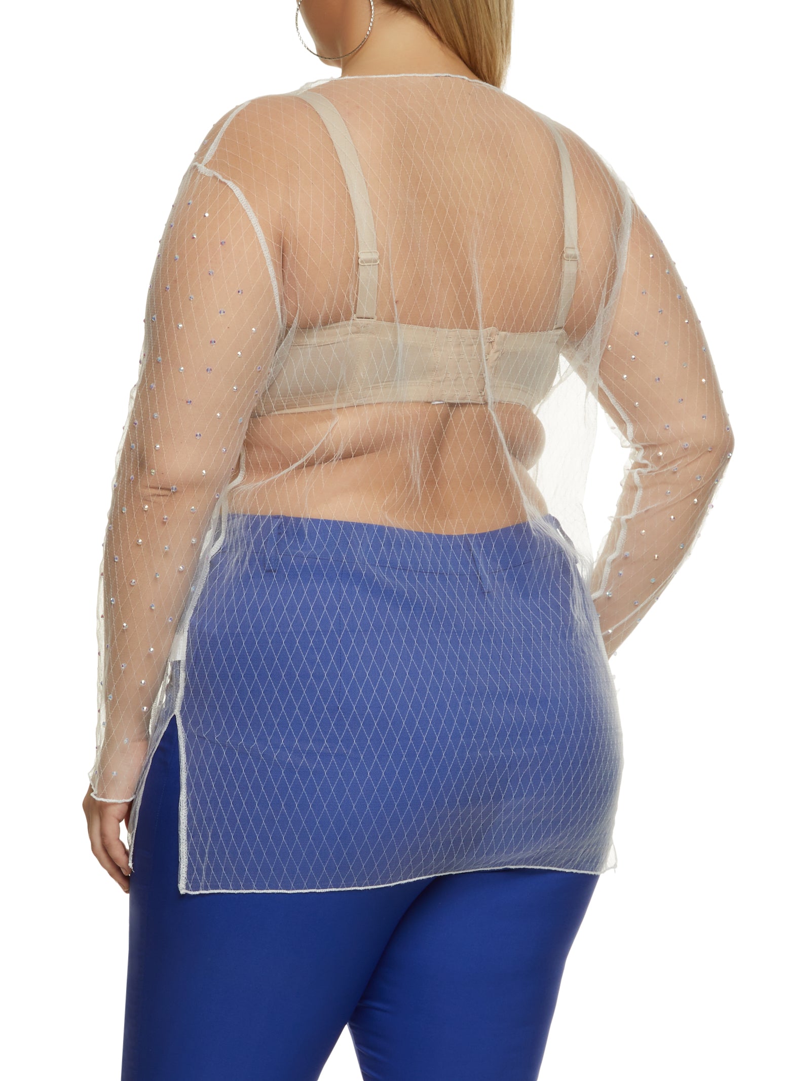 Plus Size Rhinestone Studded Lattice Mesh Top - White